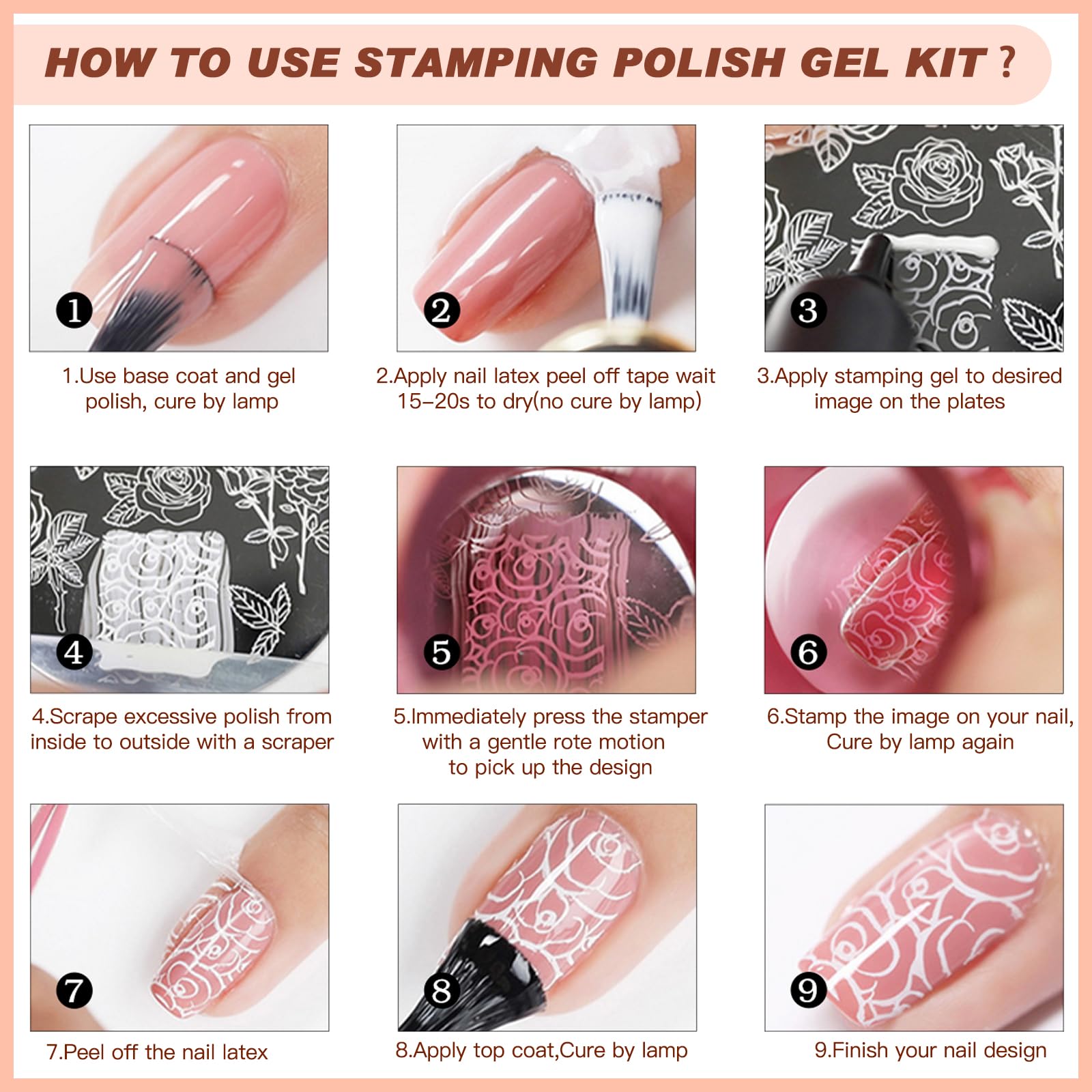 SEISSO 8 Colors Nail Stamping Polish Kit, Stamper & Templates, Peel Off Latex, Base & Top Coat, DIY Manicure Gift Set