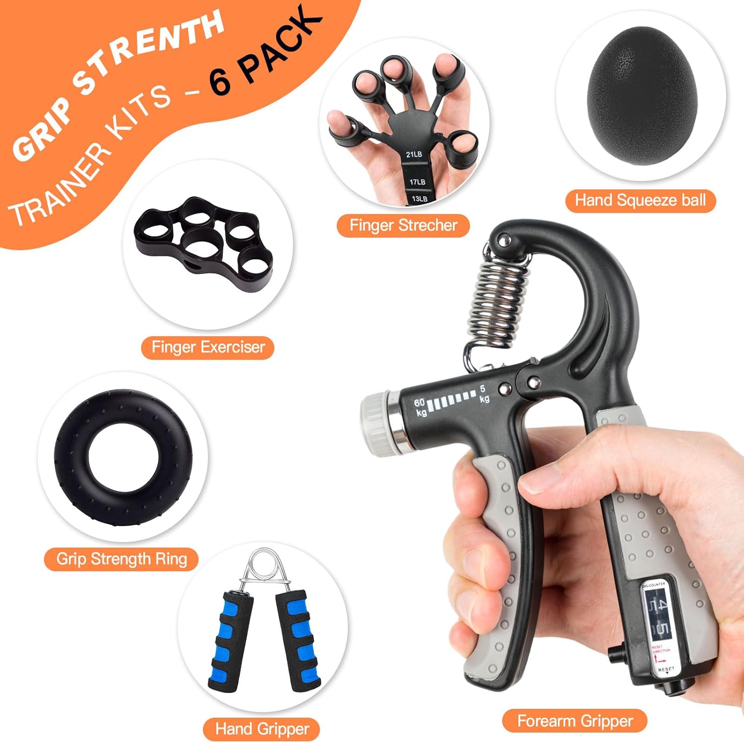 CYFIE Grip Strength Trainer Kit (6 Pack), 2 Forearm Strengthener with Adjustable, Finger Strengthener, Finger Exerciser, Stress Relief Ball & Grip Ring for Workout, Muscle Building and Recovery