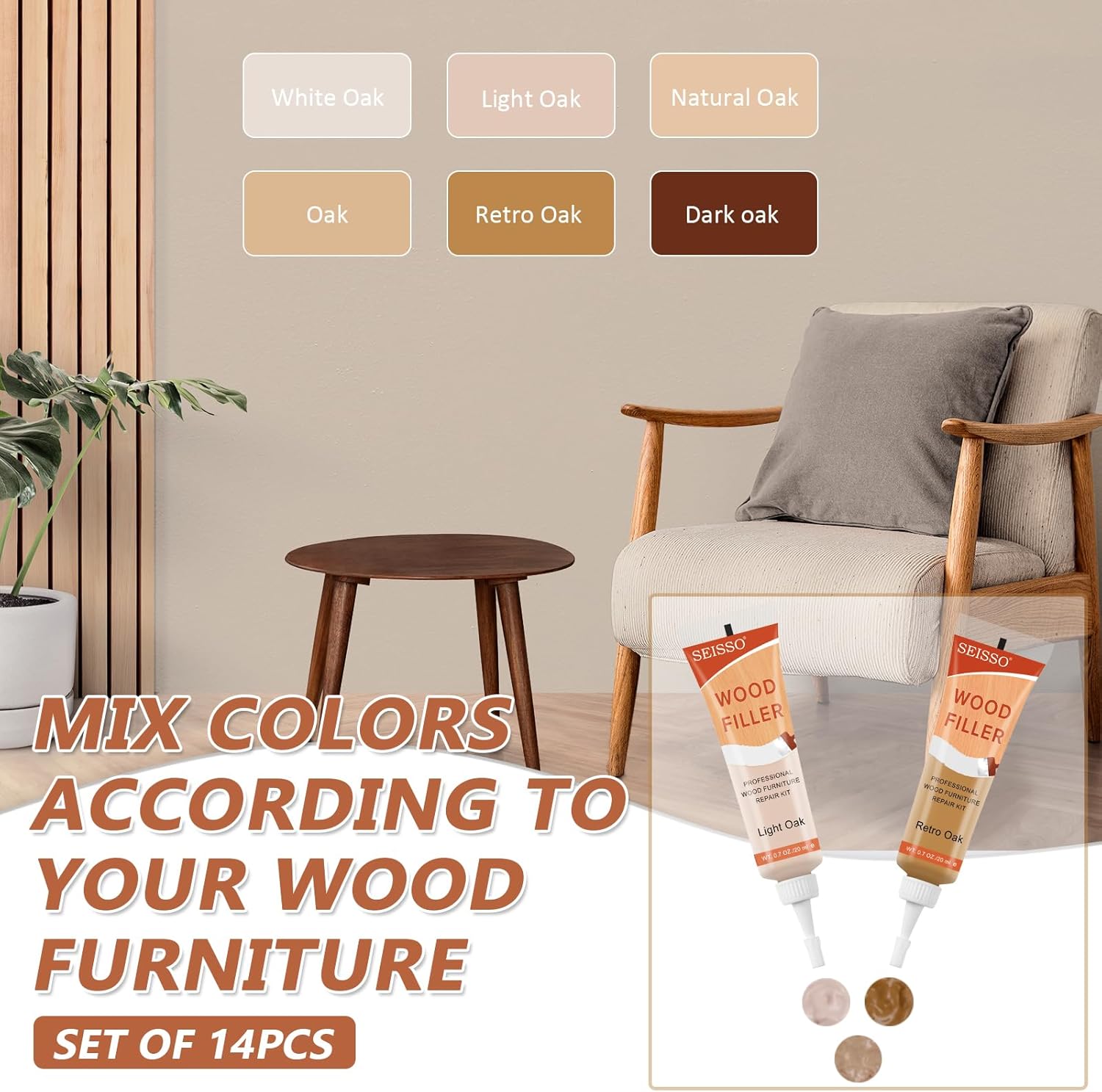 SEISSO Oak Wood Repair Kit – 6 Colors Fillers & Tools for Furniture & Floor Scratch Repair
