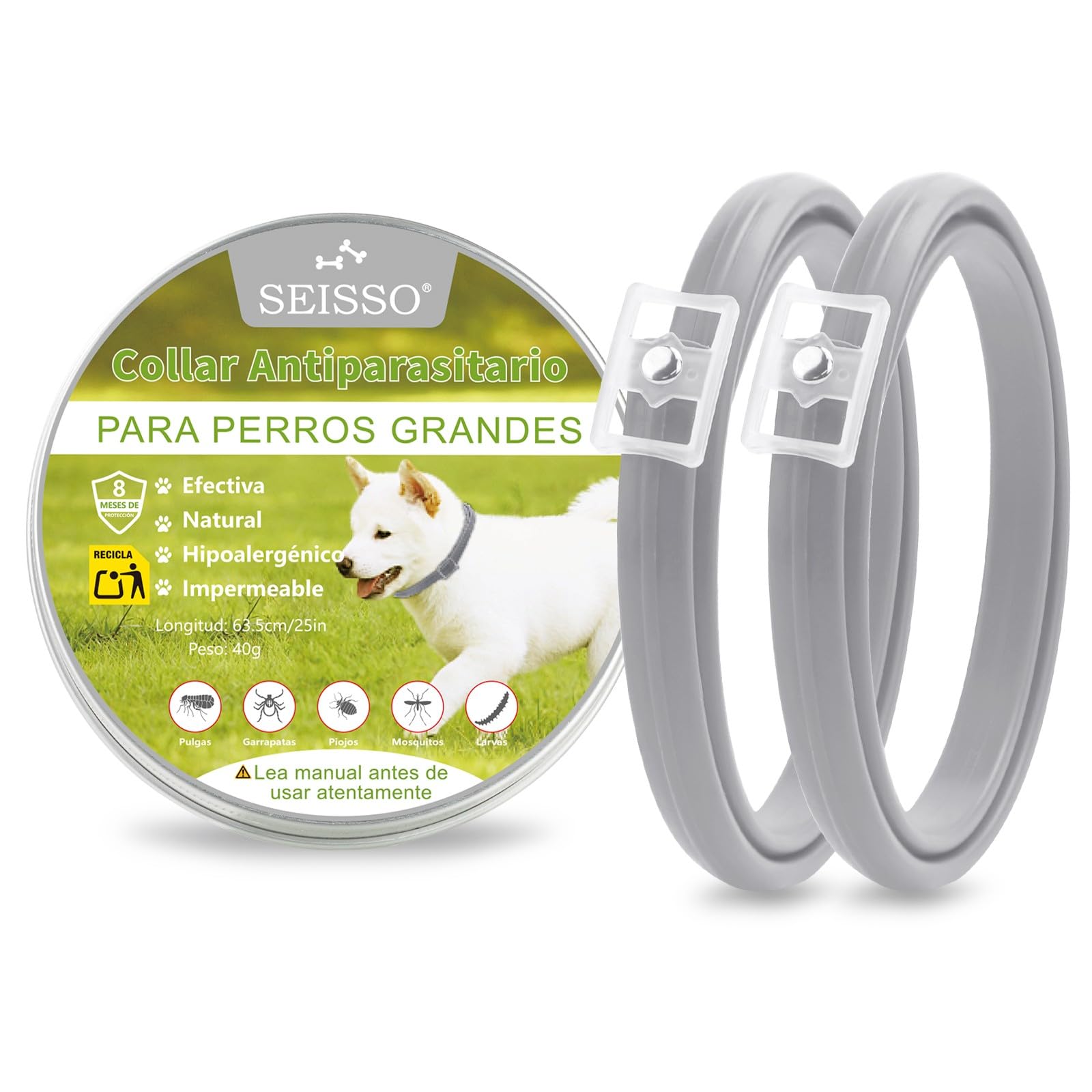 SEISSO Flea Collar for Dogs, Grey, 25 inches