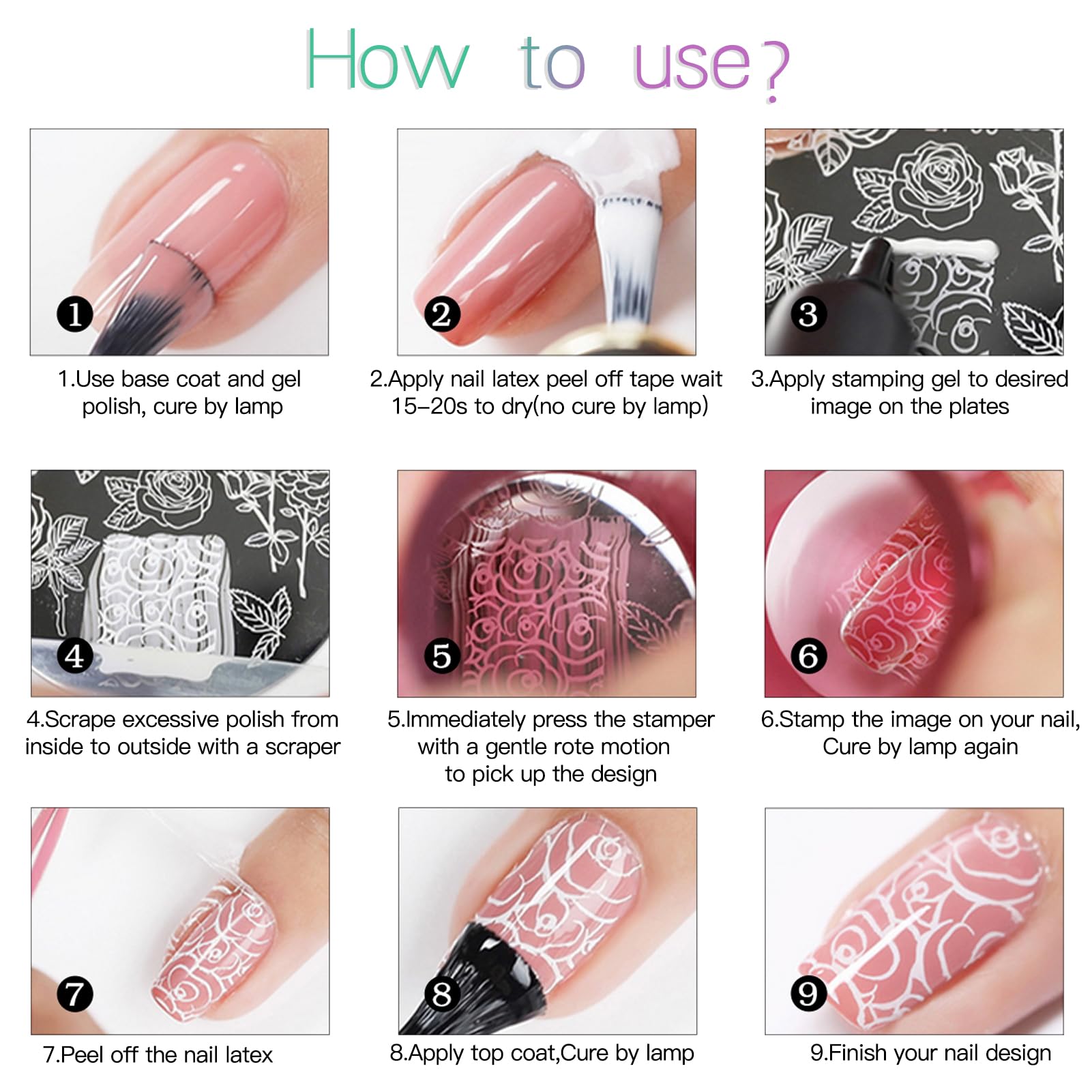 SEISSO 8 Colors Nail Stamping Polish Kit, Stamper & Templates, Peel Off Latex, Base & Top Coat, DIY Manicure Gift Set