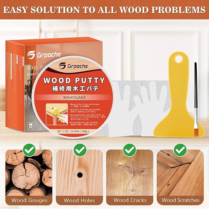 GRPOCHE Gray Wood Filler Putty – Paintable & Stainable, 7oz Furniture Repair Kit