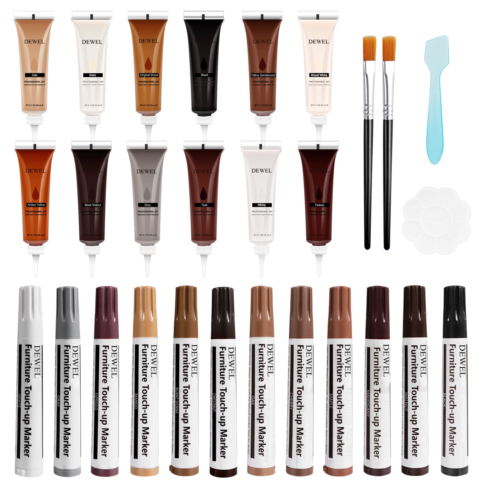 DEWEL 42PCS Wood Furniture Repair Kit – Upgrade Wood Filler, Touch Up Markers & Wax Sticks for Scratches, Cracks & Holes