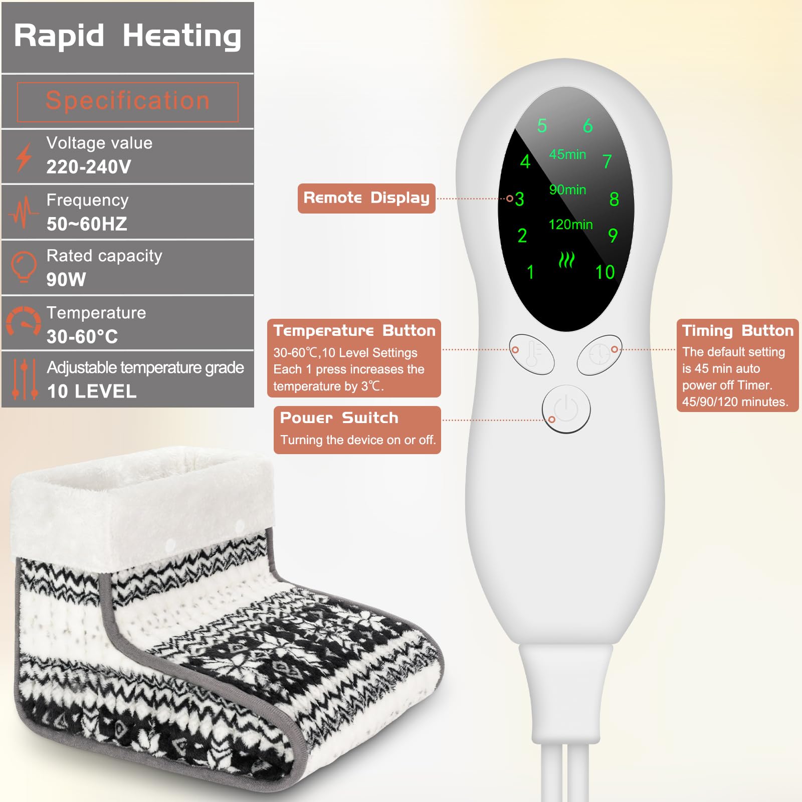 EU Plug – Double-Speed Heating Foot Warmer, 10 Adjustable Levels, Multi-Safety Protection, Washable Inner Lining | DEWEL