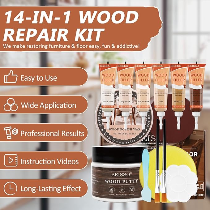SEISSO Oak Wood Repair Kit – 6 Colors Fillers & Tools for Furniture & Floor Scratch Repair