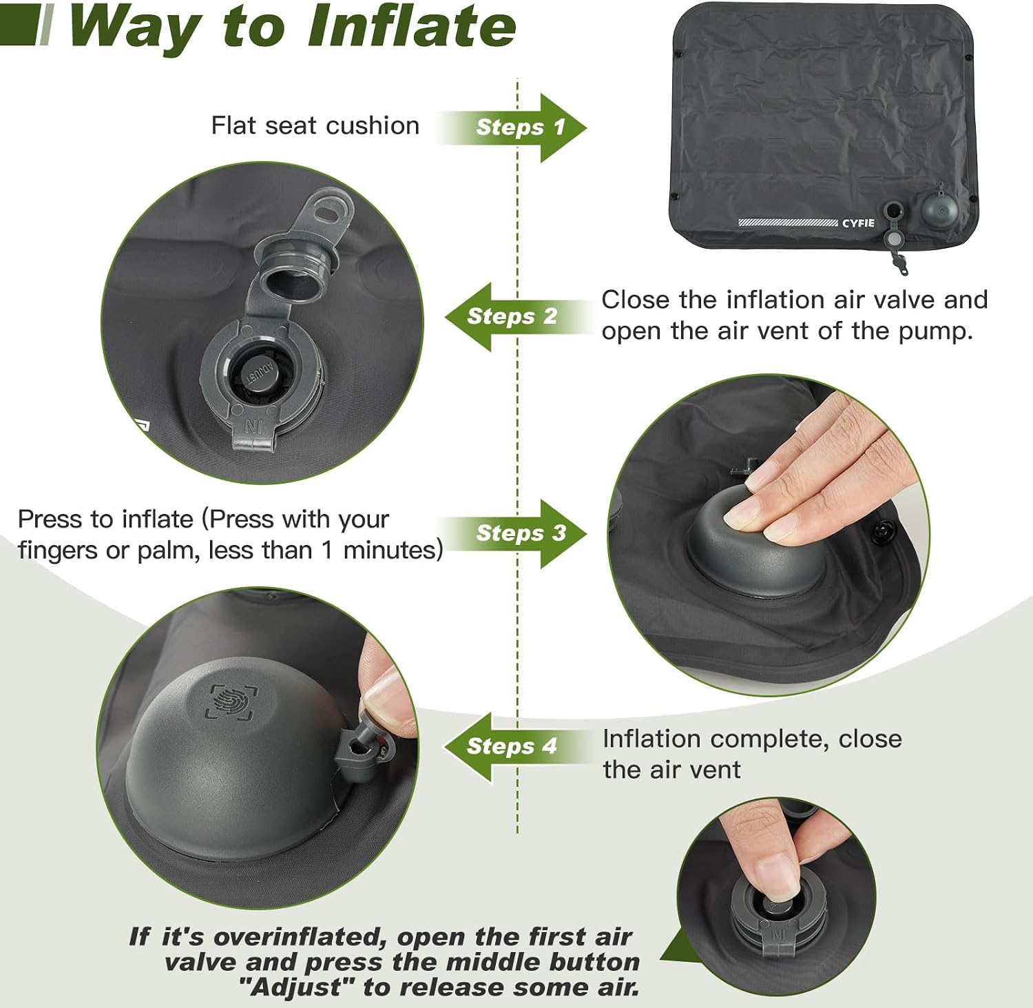 Cyfie Inflatable Seat Cushion for Travel, Portable Stadium Seat | 2.8" thick inflatable cushion, lightweight, water-resistant, ideal as an airplane seat cushion, camping pad and outdoor seat
