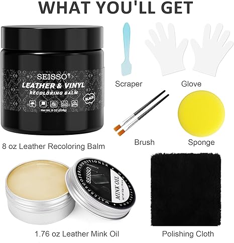 SEISSO Black Leather Recoloring Balm & Repair Kit for Furniture, Couches & Car Seats