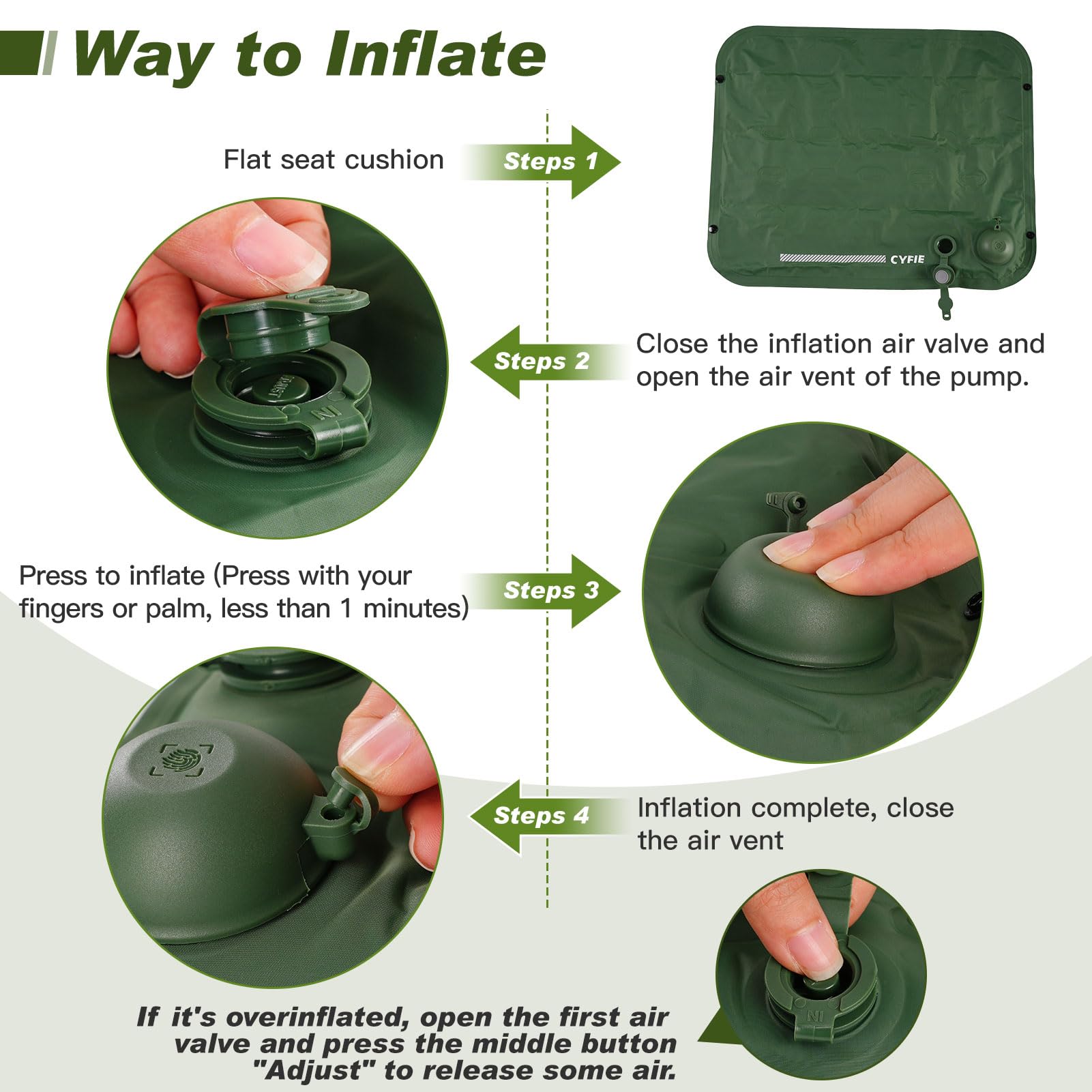 Cyfie Inflatable Seat Cushion for Travel, Portable Stadium Seat | 2.8" thick inflatable cushion, lightweight, water-resistant, ideal as an airplane seat cushion, camping pad and outdoor seat