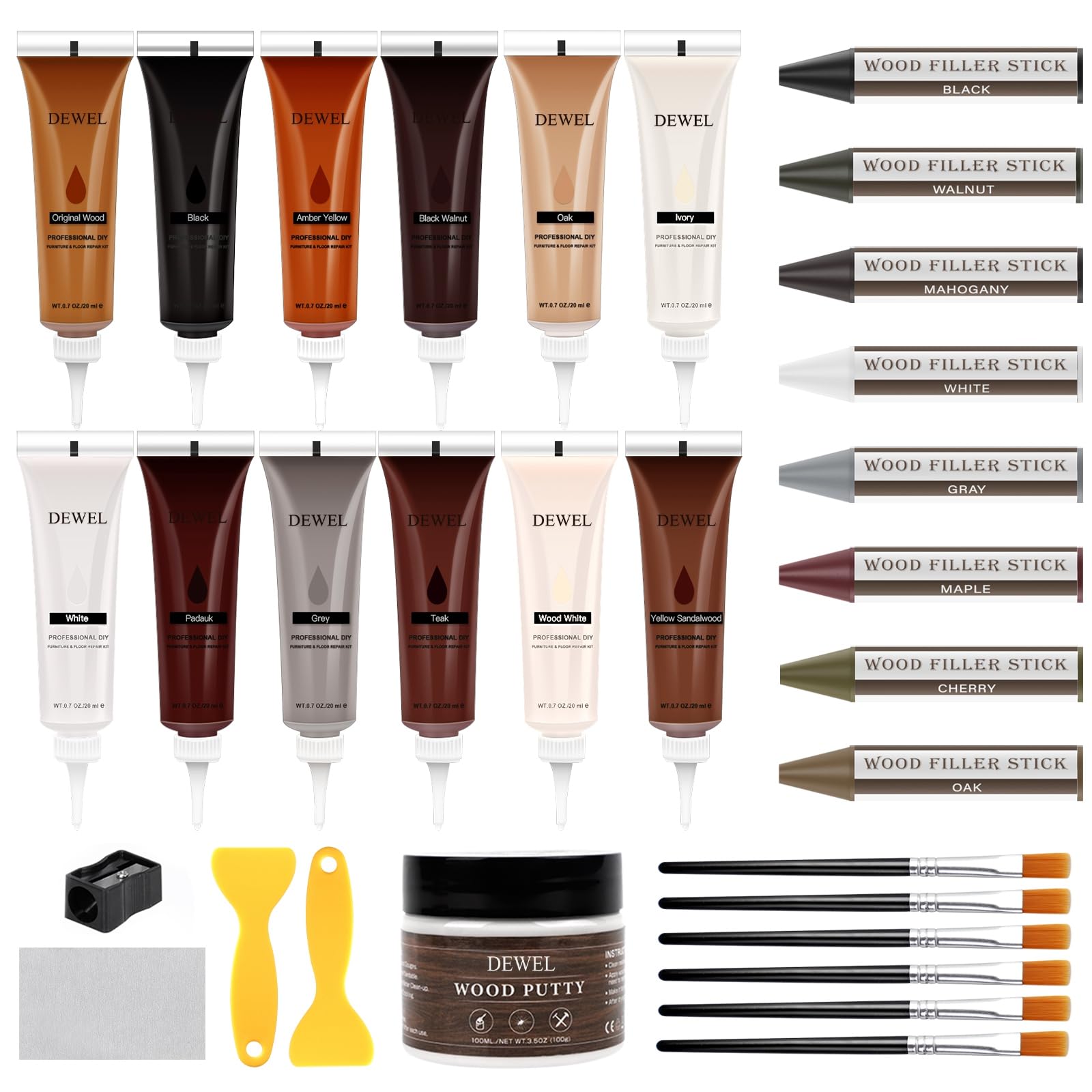 DEWEL 42PCS Wood Furniture Repair Kit – Upgrade Wood Filler, Touch Up Markers & Wax Sticks for Scratches, Cracks & Holes