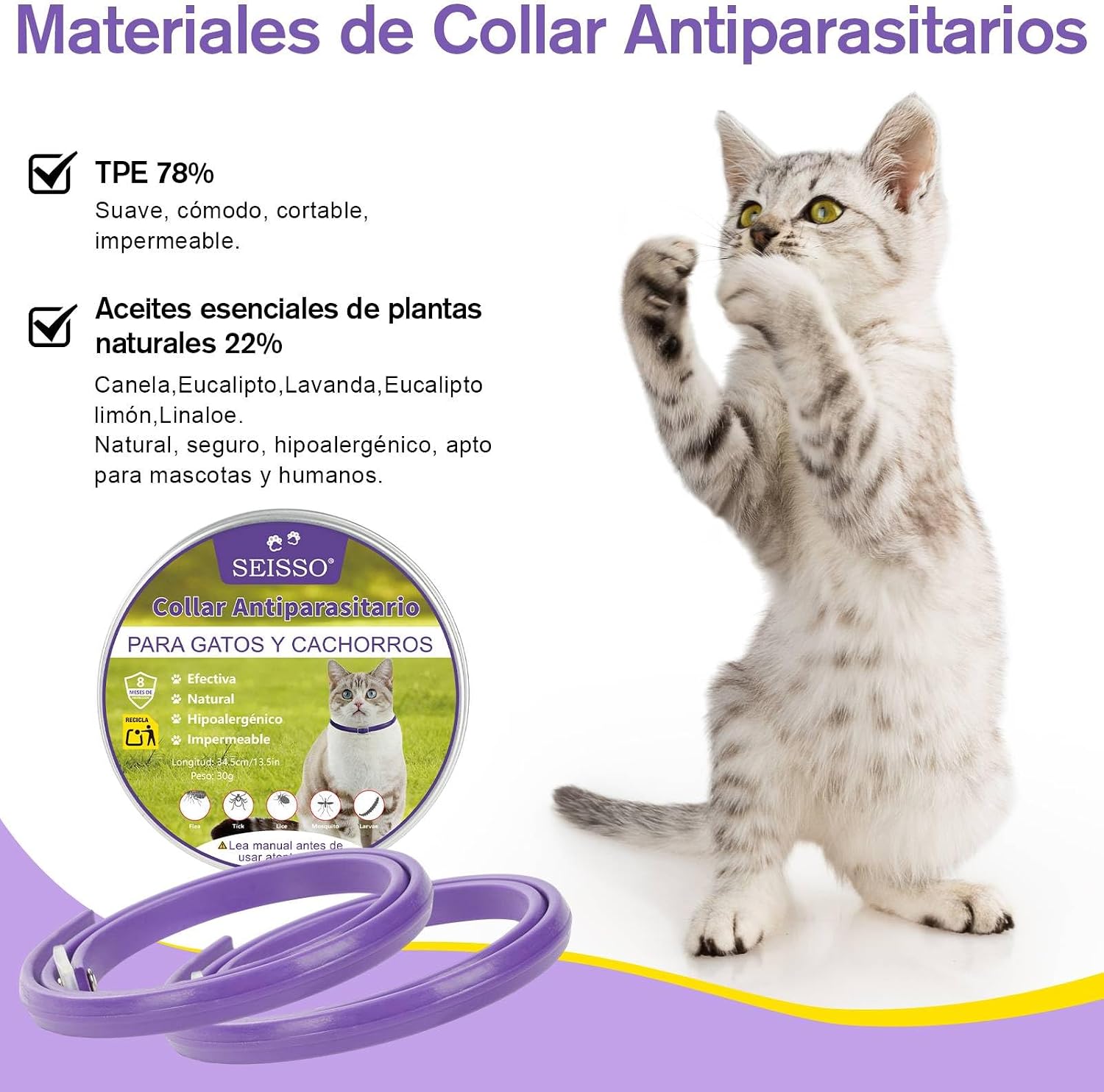 SEISSO 2 Flea Collars for Cats, Set of 2 Flea and Tick Collar with 6-8 Months Protection, Anti-Parasitic Collar 34.5 cm Adjustable for Small Dogs and Cats, Purple