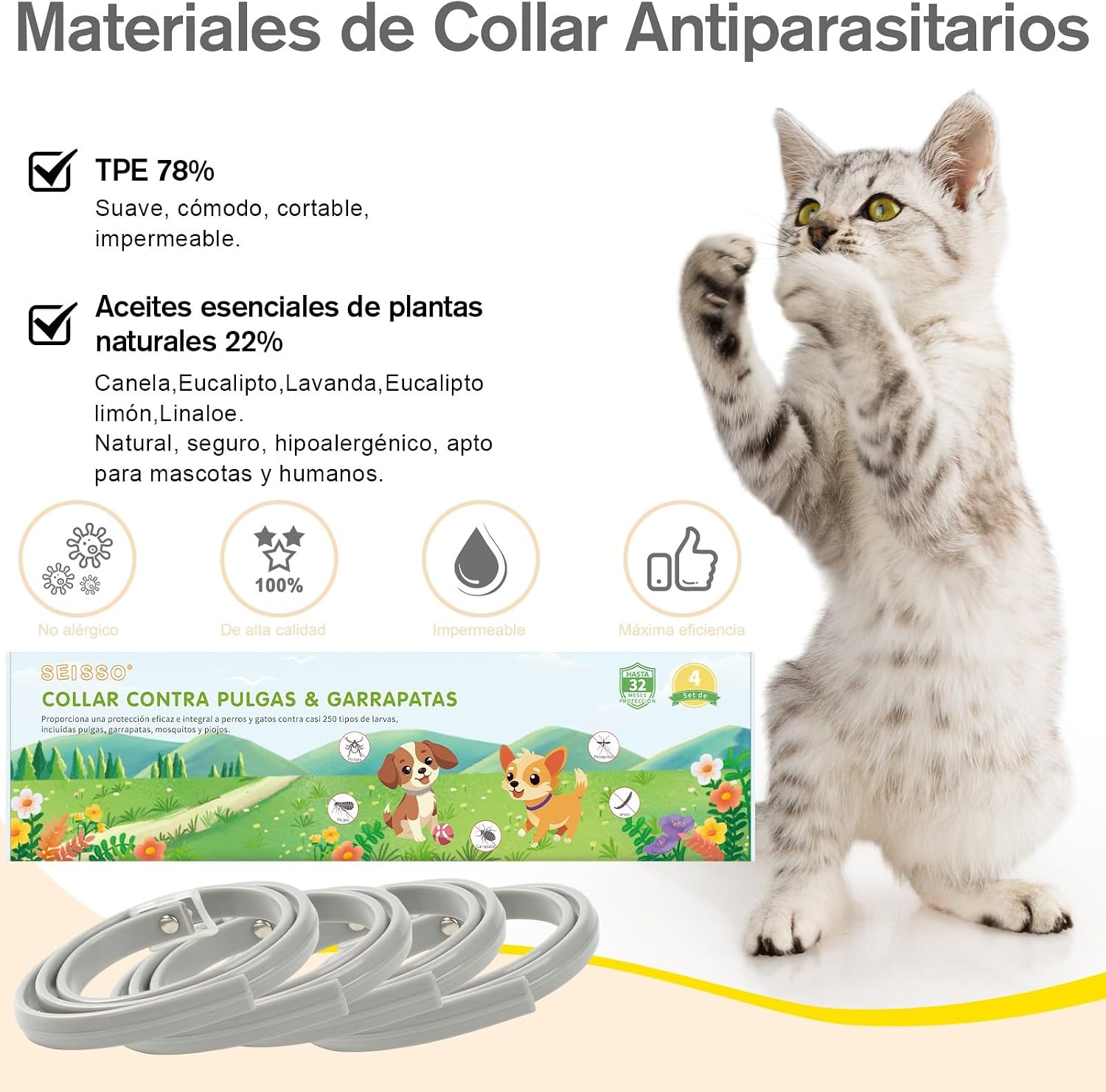 SEISSO 4 Anitparasitic Collars for Cats, Set of 4 Flea and Tick Collar with 24-32 Months Protection, Anti-Pale Collars for Small Dogs and Cats, 34.5 cm, Grey