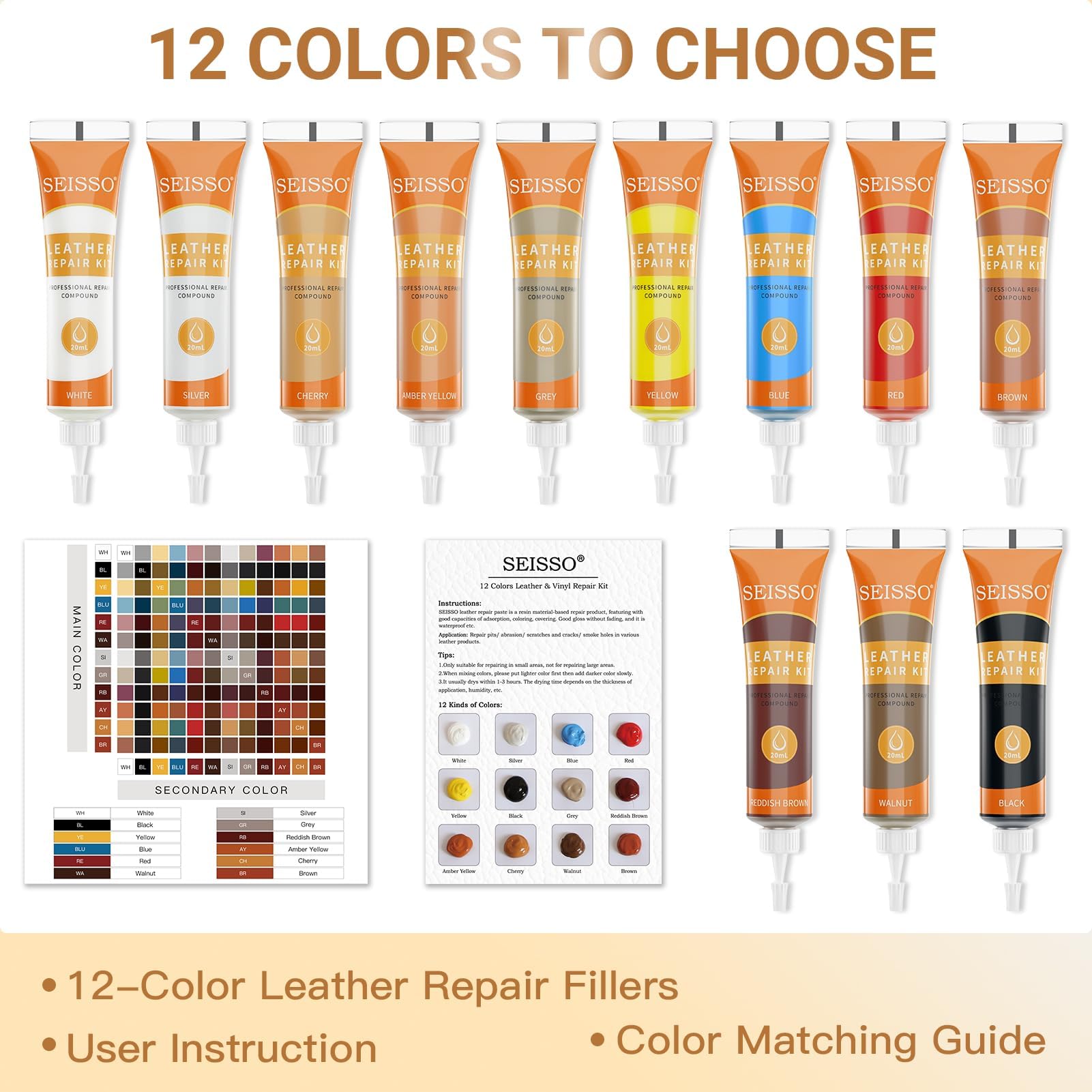 Premium 12-Color Leather Repair Kit – Restore Genuine, PU & Italian Leather for Furniture and Auto Interiors