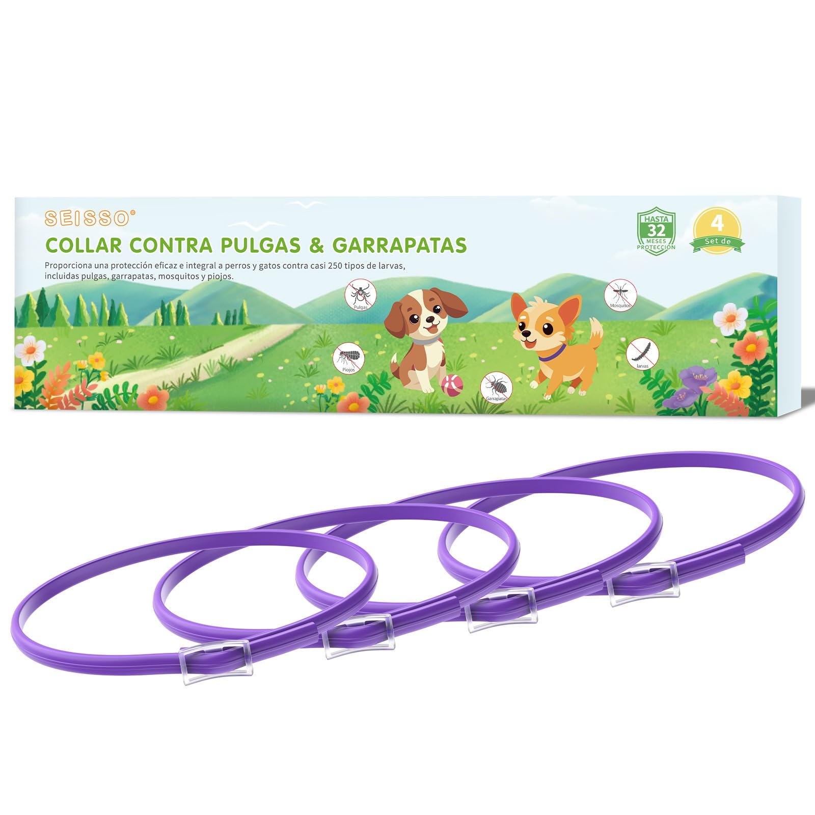 SEISSO 2 Flea Collar for Dogs, Set of 2 Flea and Tick Collar with 6-8 Months Protection, 25 Inch Anti-Parasitic Collars for Large Medium and Small Dogs, Grey