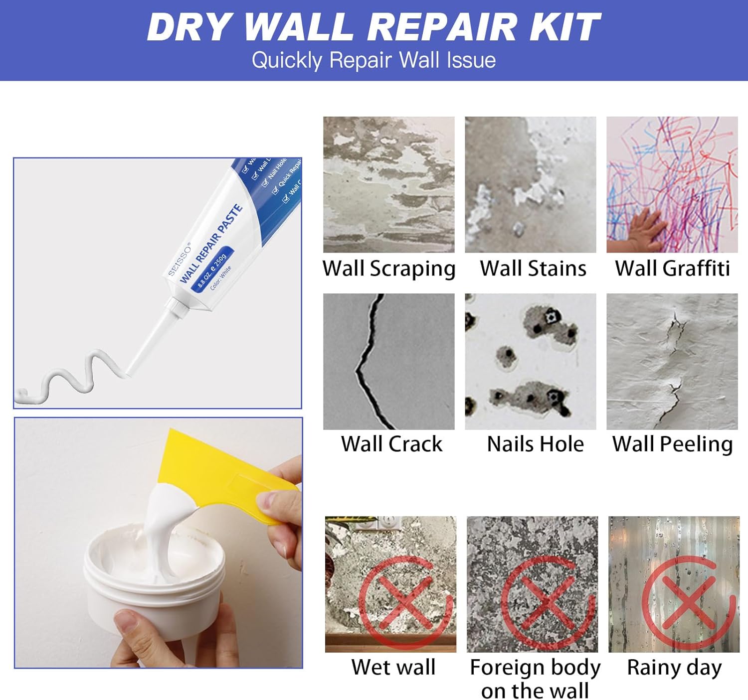 SEISSO Drywall Repair Kit – 2×250g White Wall Putty with Repair Tape & Patches