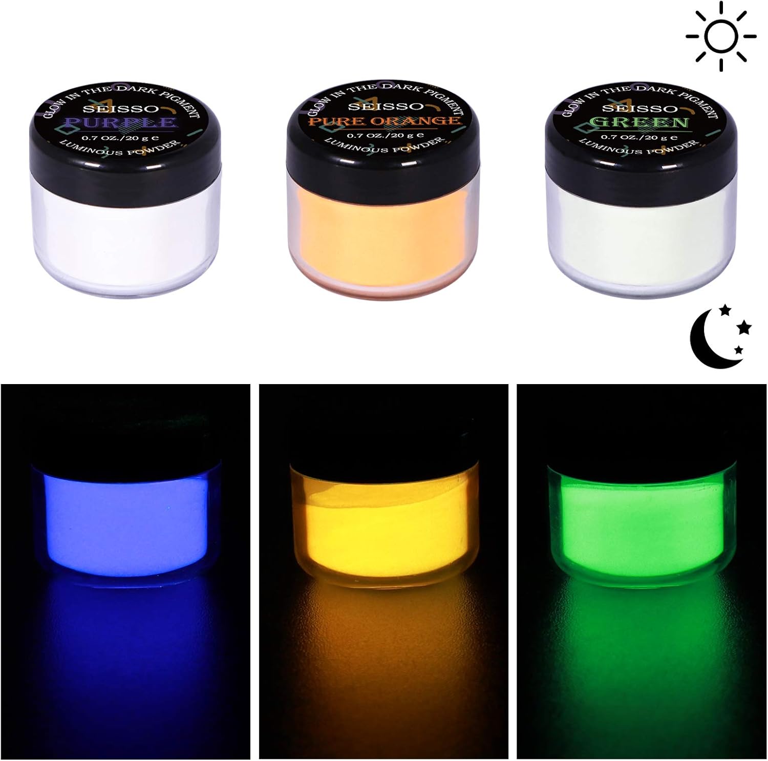 Glow in The Dark Powder 6 Colors - 120g Set 20 g/0.7oz Each with FREE UV Light | for Halloween, Nail Polish, Crafts, Slime, Epoxy Resin | Bright Luminous for Hours Pigment Safe for Skin & Crafts