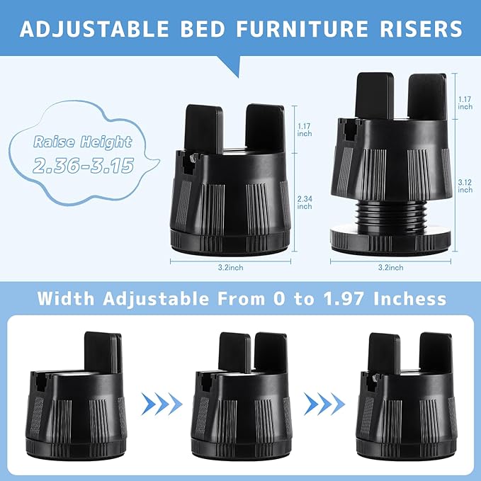 DEWEL Heavy Duty Adjustable Bed Risers 2.36-3.15" Lift 4 Pack for Furniture & Storage