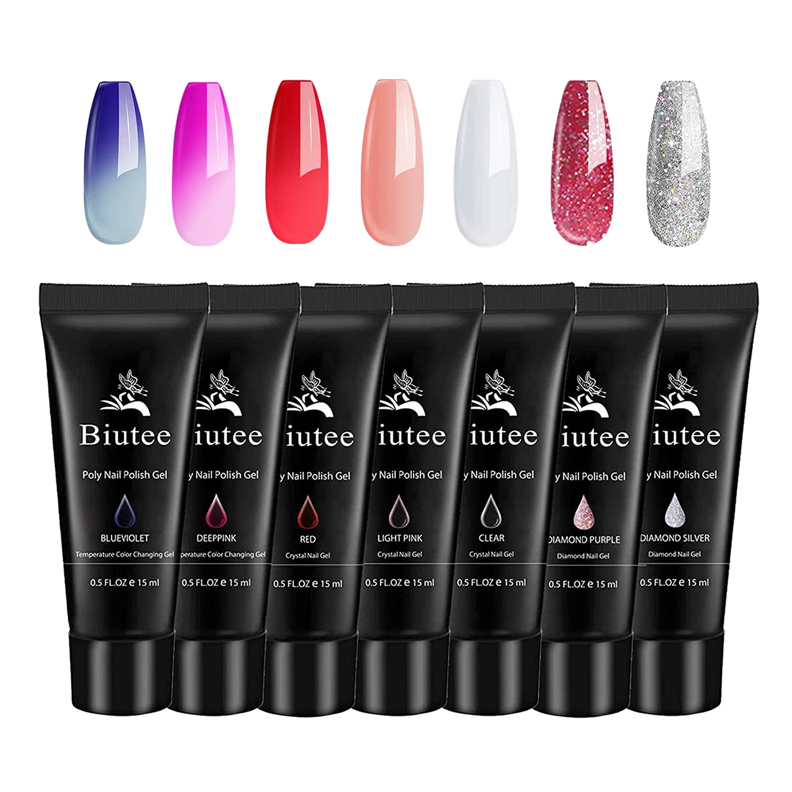 Poly Nail Extension Gel Kit – 7 Colors Builder Gel with Temperature Change, Glitter, Clear & Pink for DIY Manicure at Home