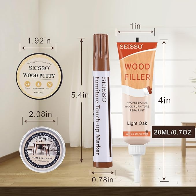 SEISSO Wood Repair Kit –6 Oak Fillers&6 Touch-Up Markers&Wood Putty&Wood Polish Wax