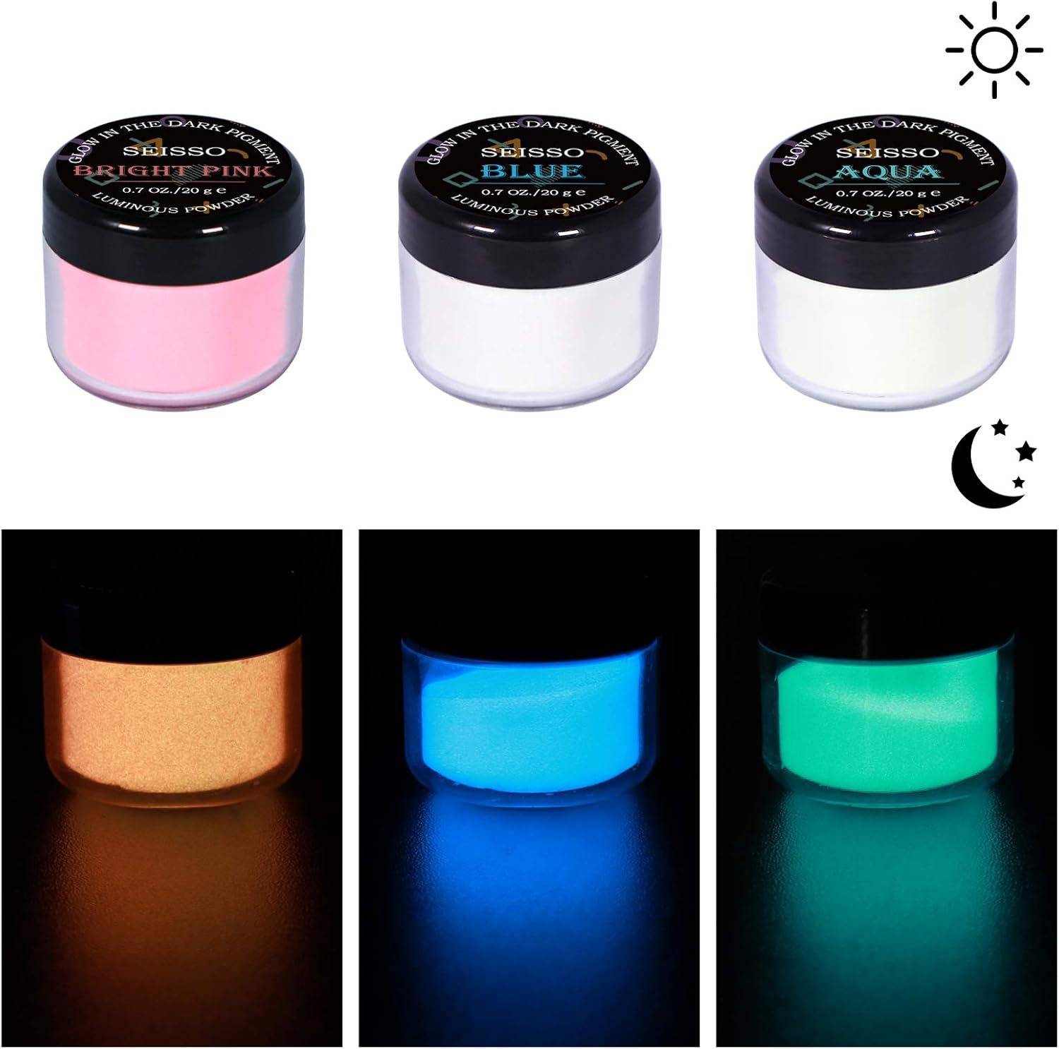 Glow in The Dark Powder 6 Colors - 120g Set 20 g/0.7oz Each with FREE UV Light | for Halloween, Nail Polish, Crafts, Slime, Epoxy Resin | Bright Luminous for Hours Pigment Safe for Skin & Crafts