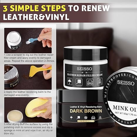 SEISSO Dark Brown Leather & Vinyl Repair Kit for Furniture & Car Seats