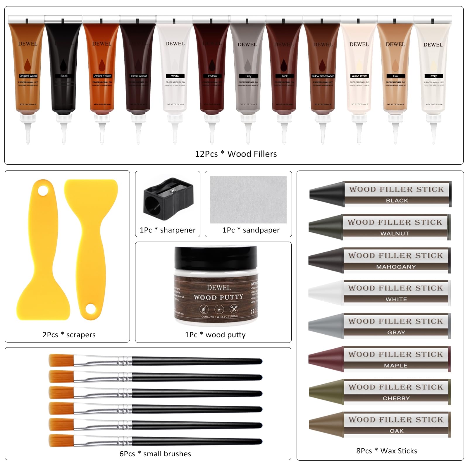 DEWEL 42PCS Wood Furniture Repair Kit – Upgrade Wood Filler, Touch Up Markers & Wax Sticks for Scratches, Cracks & Holes