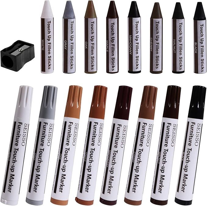 SEISSO Furniture Repair Markers Kit 17PCS Wood Touch Up Markers and Wax Sticks with Sharpener