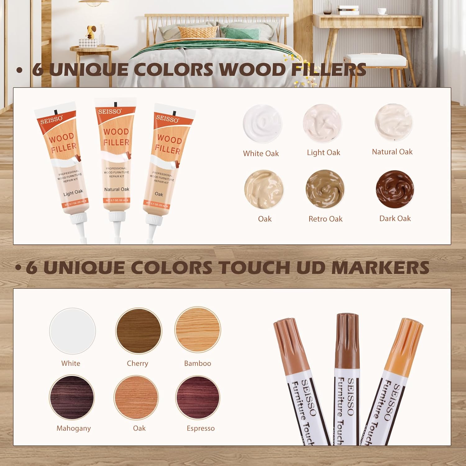 SEISSO Wood Repair Kit –6 Oak Fillers&6 Touch-Up Markers&Wood Putty&Wood Polish Wax
