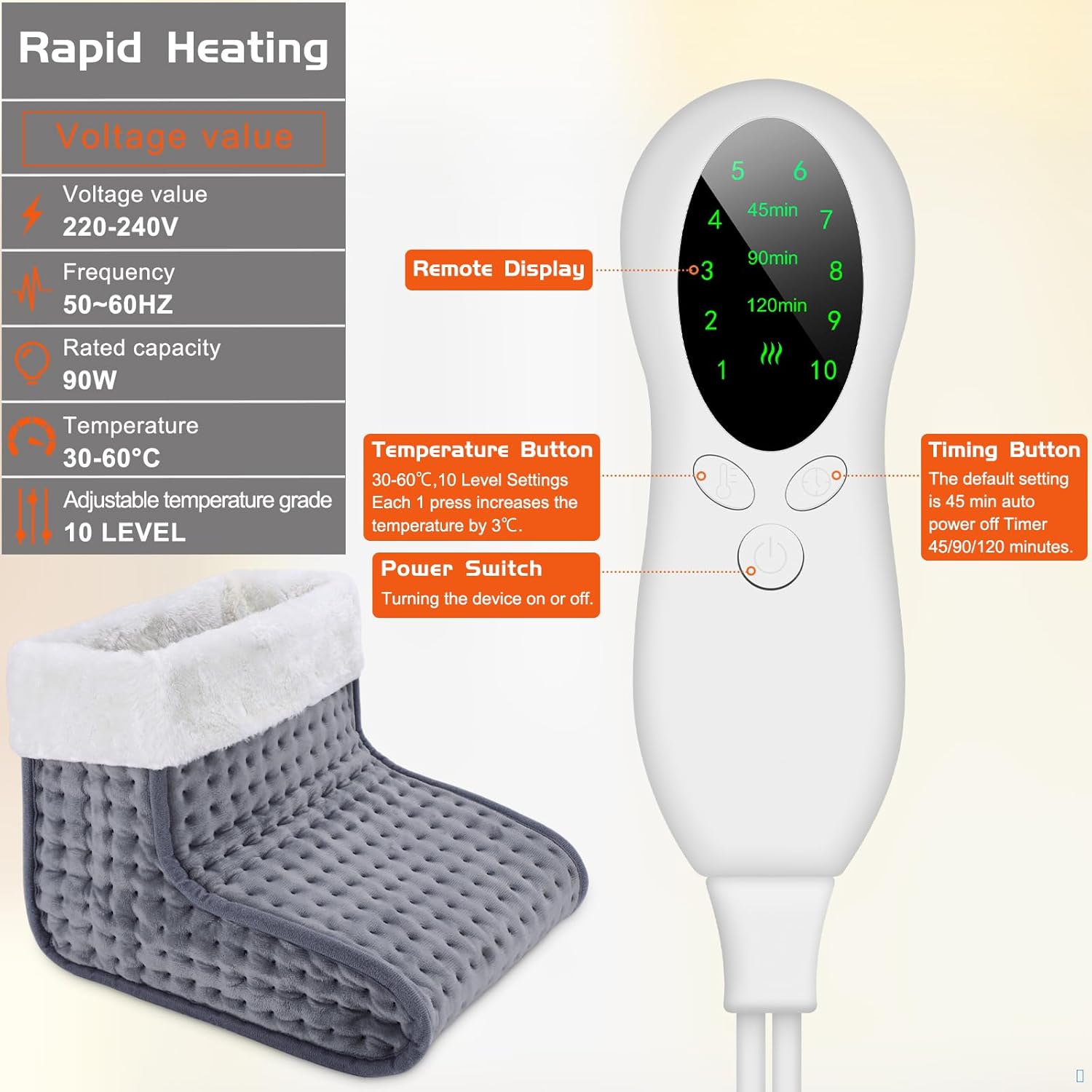 AU Plug – Double-Speed Heating Foot Warmer, 10 Heat Levels, 3 Timers, Multi-Safety Protection, Cozy All Day | DEWEL