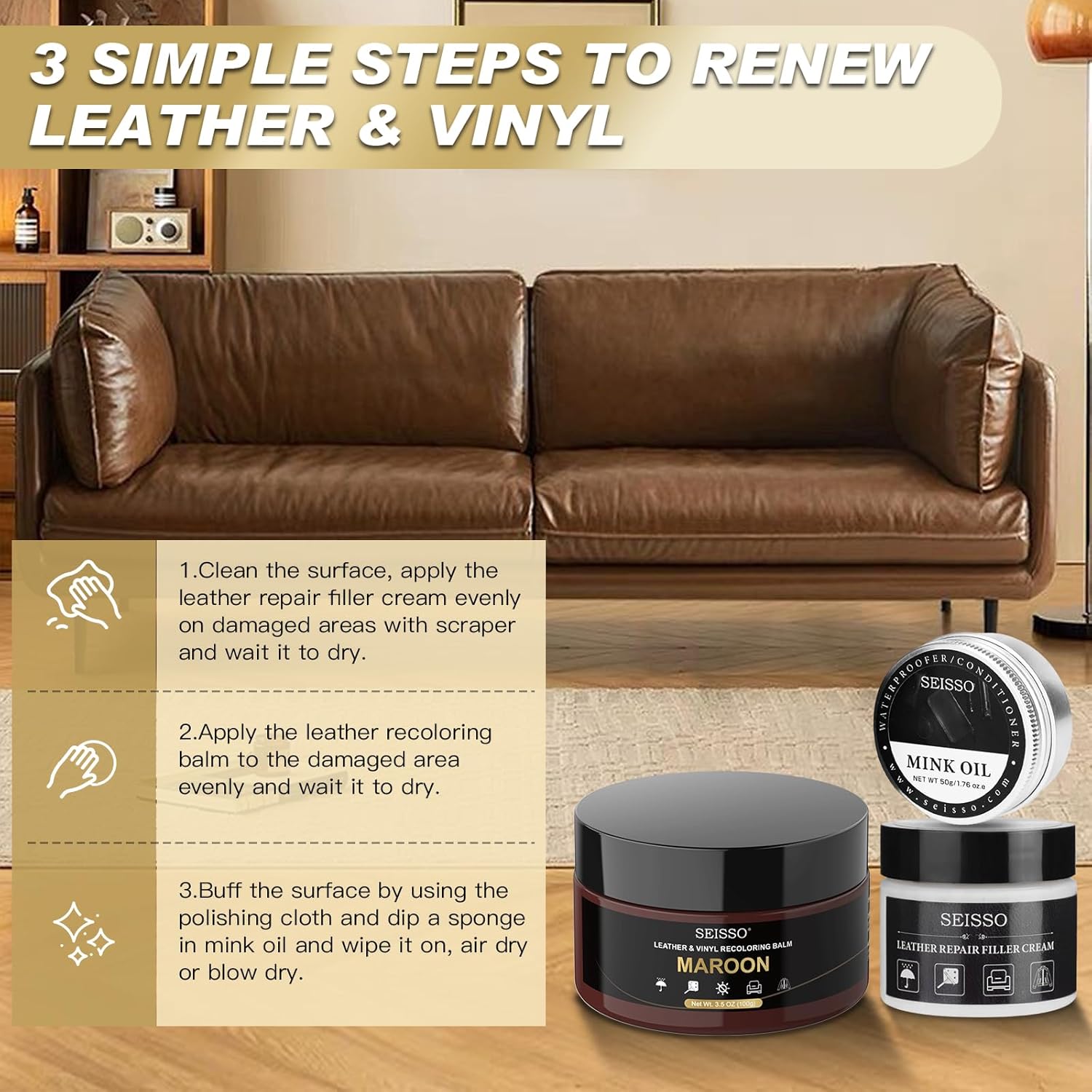 SEISSO Maroon Leather Repair Kit with Recoloring Balm & Mink Oil for Furniture, Shoes, Car Seats
