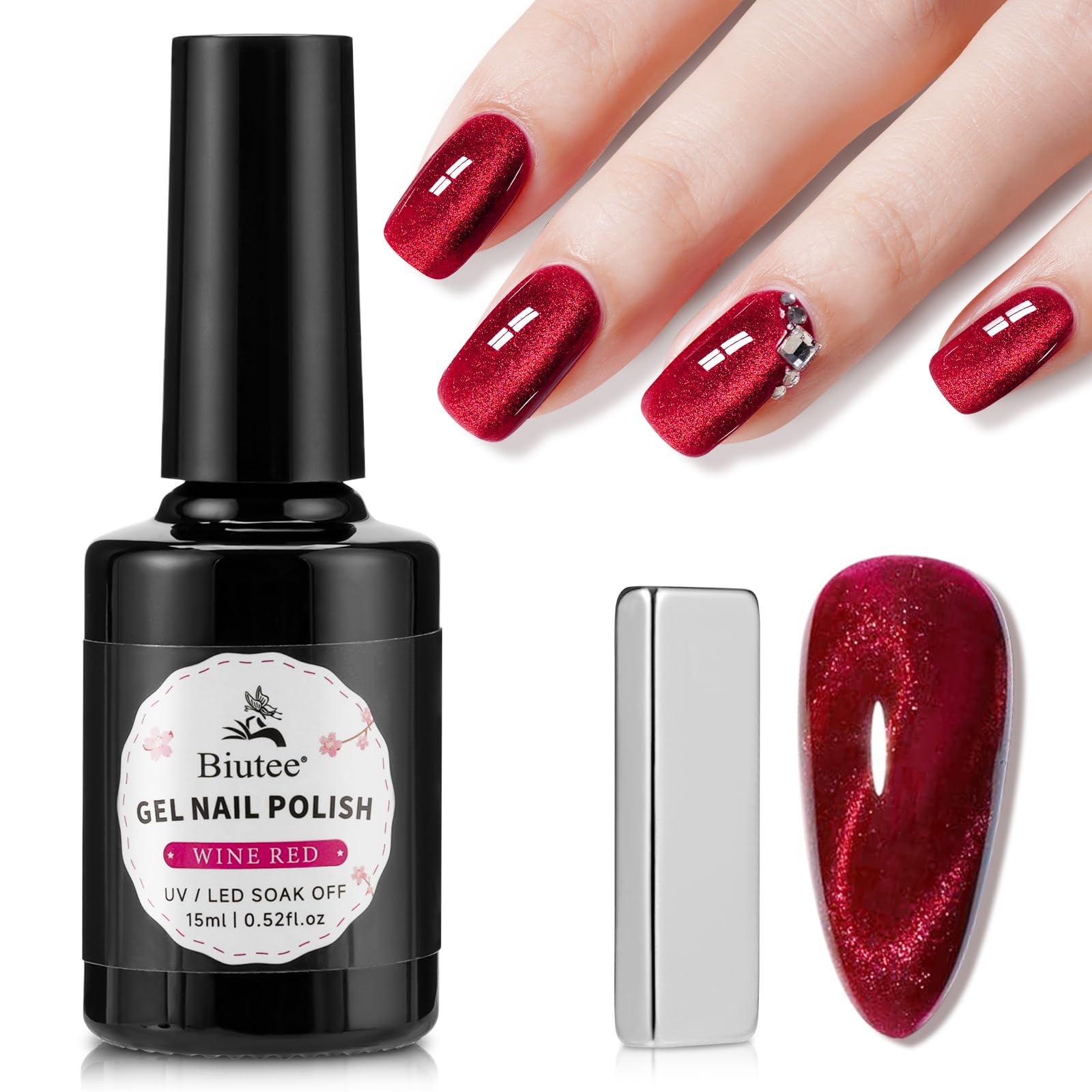 SEISSO Cat Eye Gel Nail Polish – 15ml Wine Red Magnetic UV Gel with Magnet Stick, Shimmer Soak Off Nail Kit