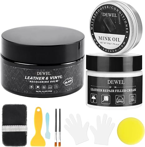 DEWEL Leather Repair Kit – Black Balm, Mink Oil & Filler for Couches, Car Seats, Furniture & More