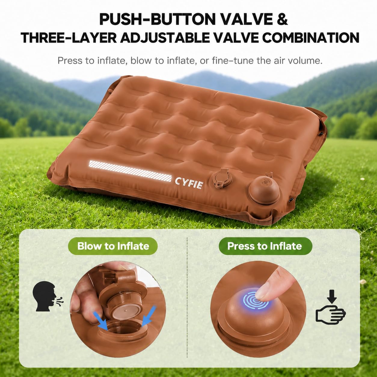 Cyfie Inflatable Seat Cushion for Travel, Portable Stadium Seat | 2.8" thick inflatable cushion, lightweight, water-resistant, ideal as an airplane seat cushion, camping pad and outdoor seat