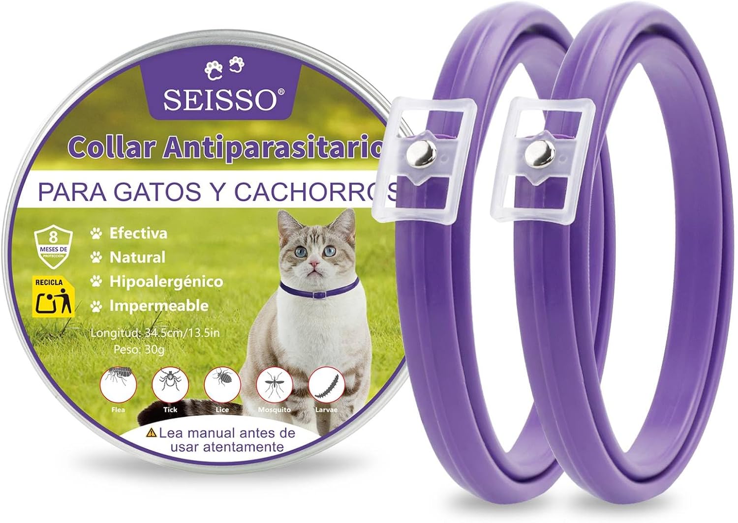 SEISSO 2 Flea Collars for Cats, Set of 2 Flea and Tick Collar with 6-8 Months Protection, Anti-Parasitic Collar 34.5 cm Adjustable for Small Dogs and Cats, Purple