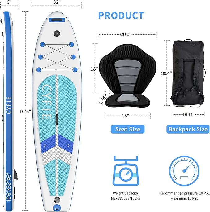 CYFIE 10'6" Inflatable Stand Up Paddle Board with Kayak Seat & Camera Mount for Yoga, Surf, Fishing, SUP Accessories Included