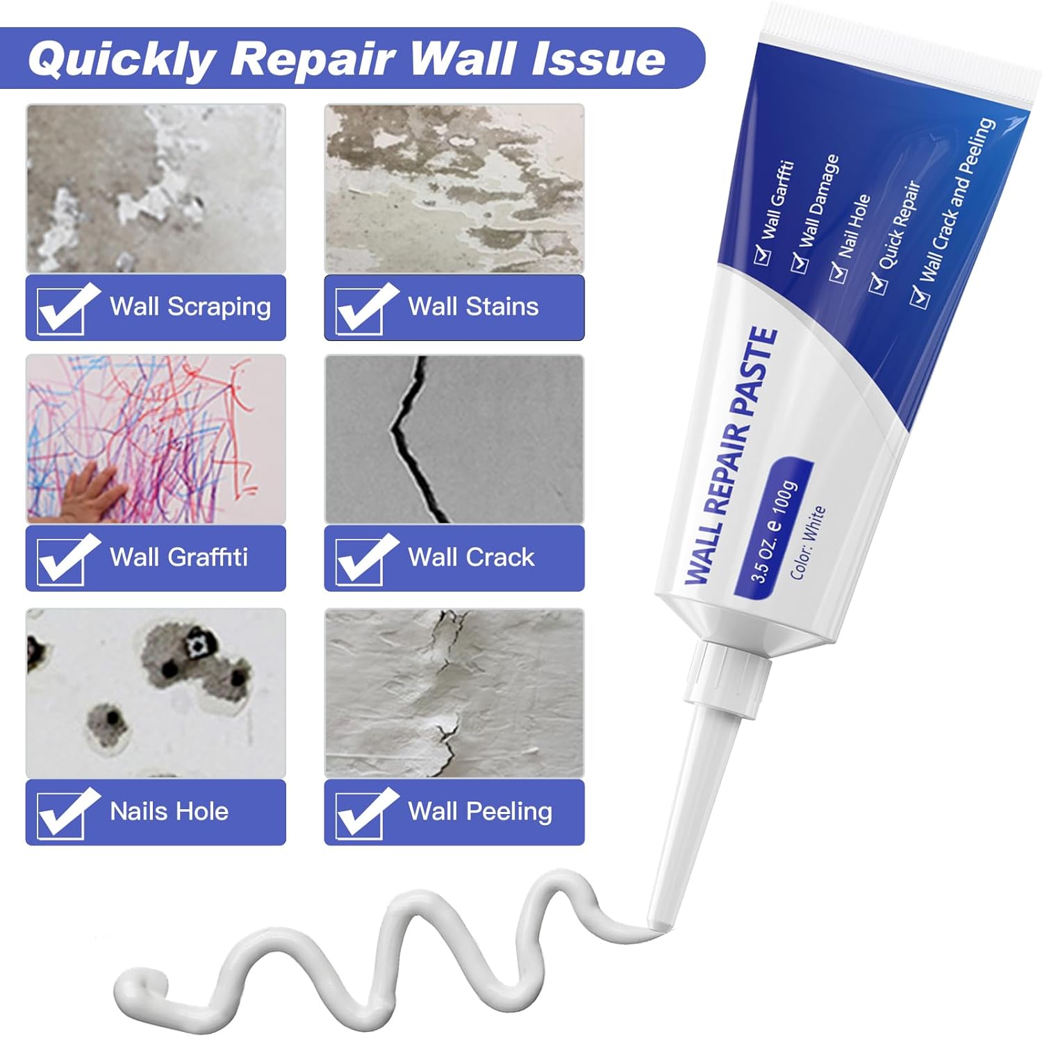 SEISSO Drywall Repair Kit – 3×100g Paste with Patches, Scraper & Sandpaper
