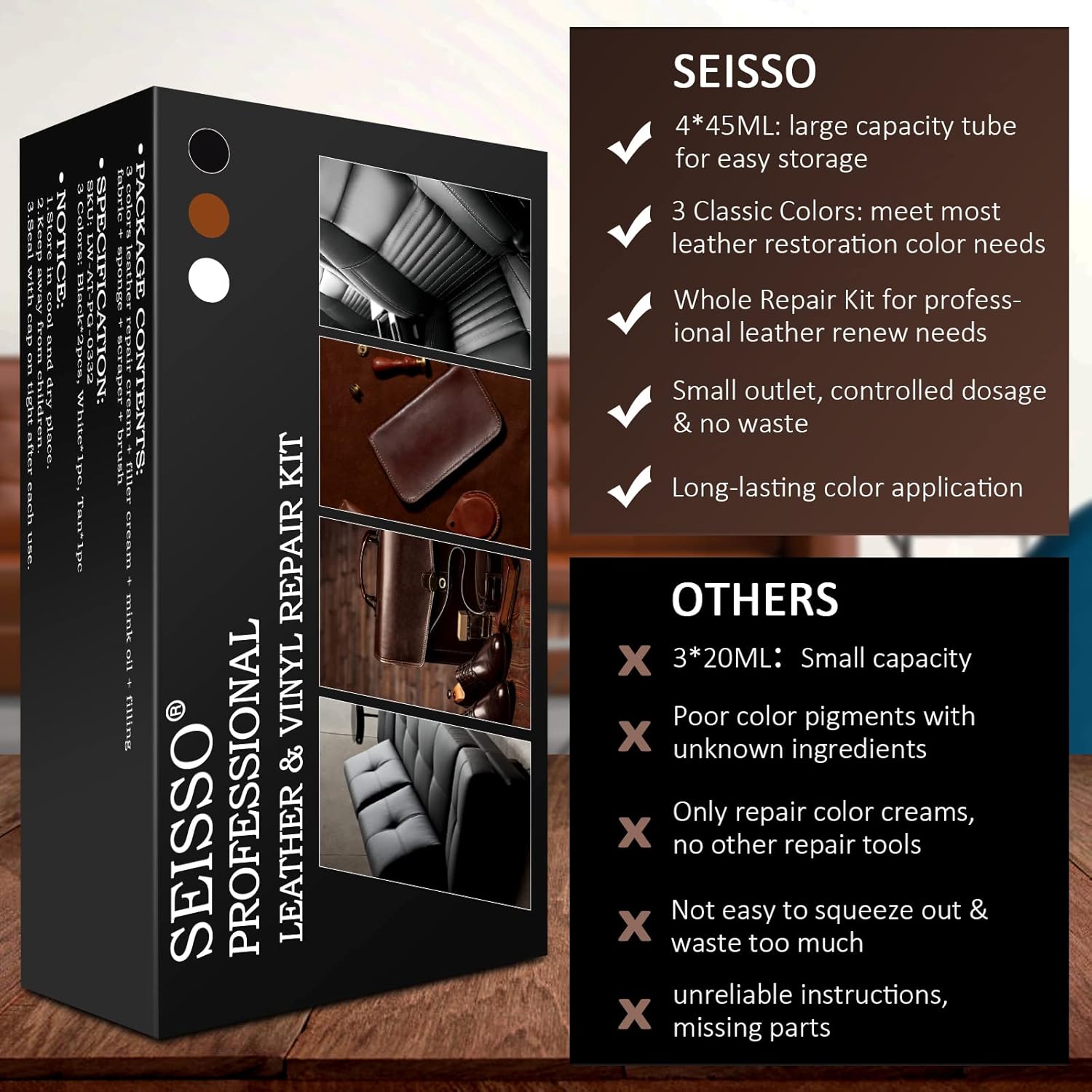 SEISSO Leather & Vinyl Repair Kit with Dye & Mink Oil for Furniture & Car Seats