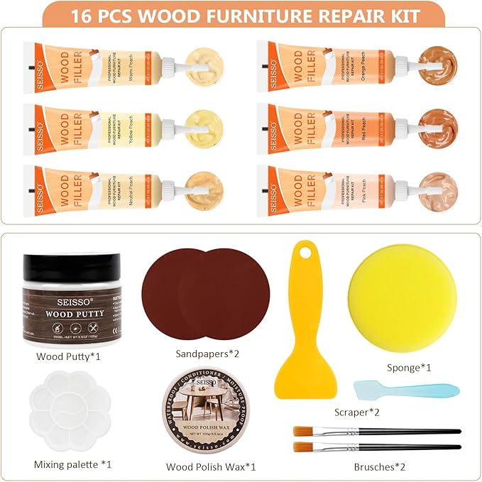SEISSO Wood Repair Kit – 16 PCS Peach Wood Fillers & Putty Set