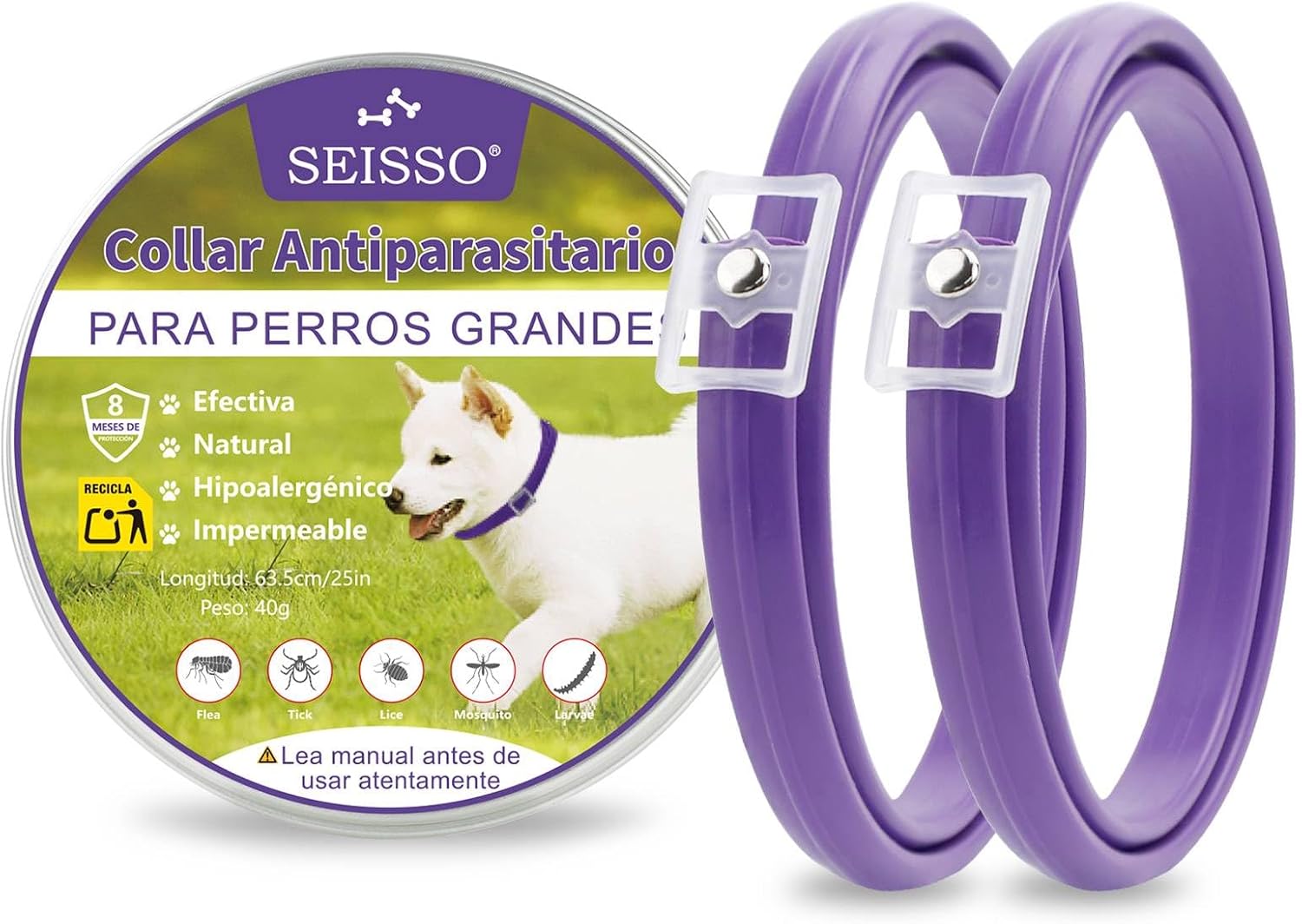 SEISSO 2 Flea Collar for Dogs, 63.5 cm, Purple