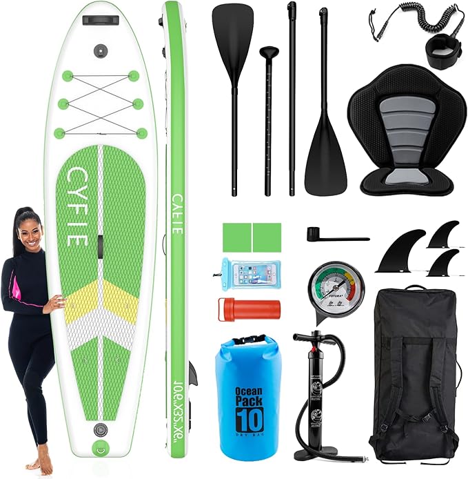 CYFIE 10'6" Inflatable Stand Up Paddle Board with Kayak Seat & Camera Mount for Yoga, Surf, Fishing, SUP Accessories Included