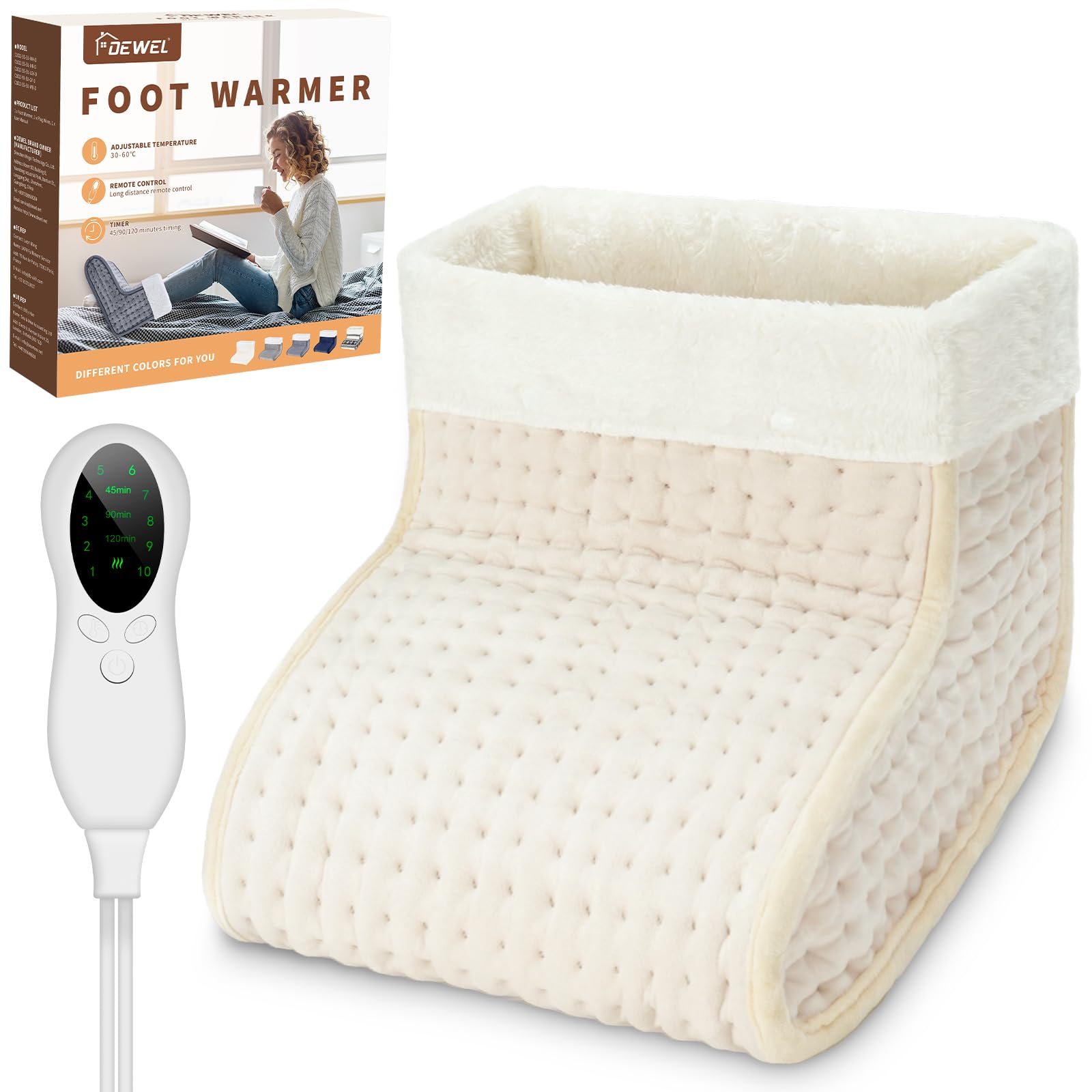 EU Plug – DEWEL Electric Foot Warmer, Fast Heating, 10 Temperature Levels, Auto Shut-Off, Overheat Protection, Washable Inner Lining