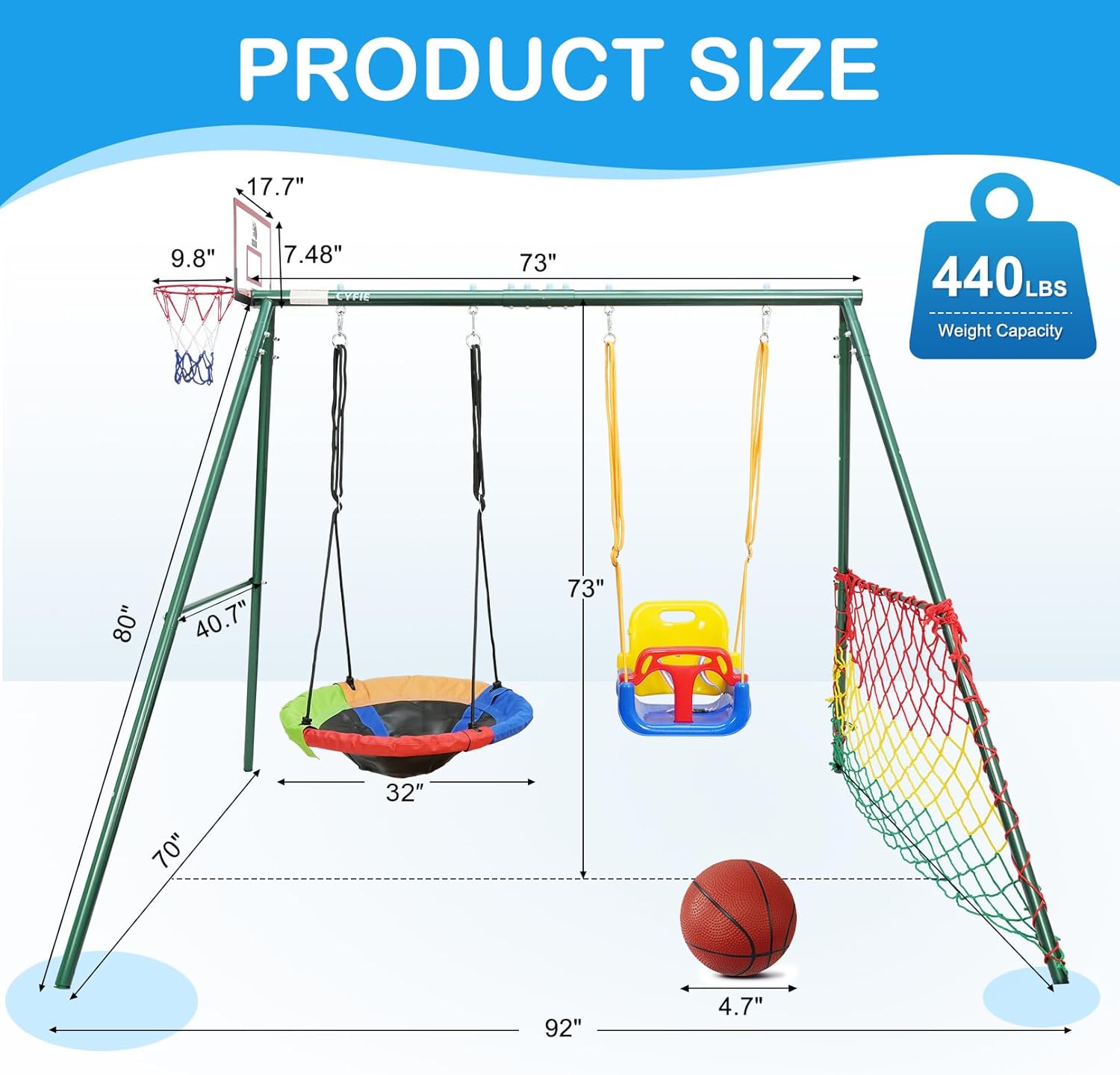 CYFIE Kids Outdoor Swing Set with Metal Frame, Saucer & Belt Swings, Basketball Hoop, Soccer Goal