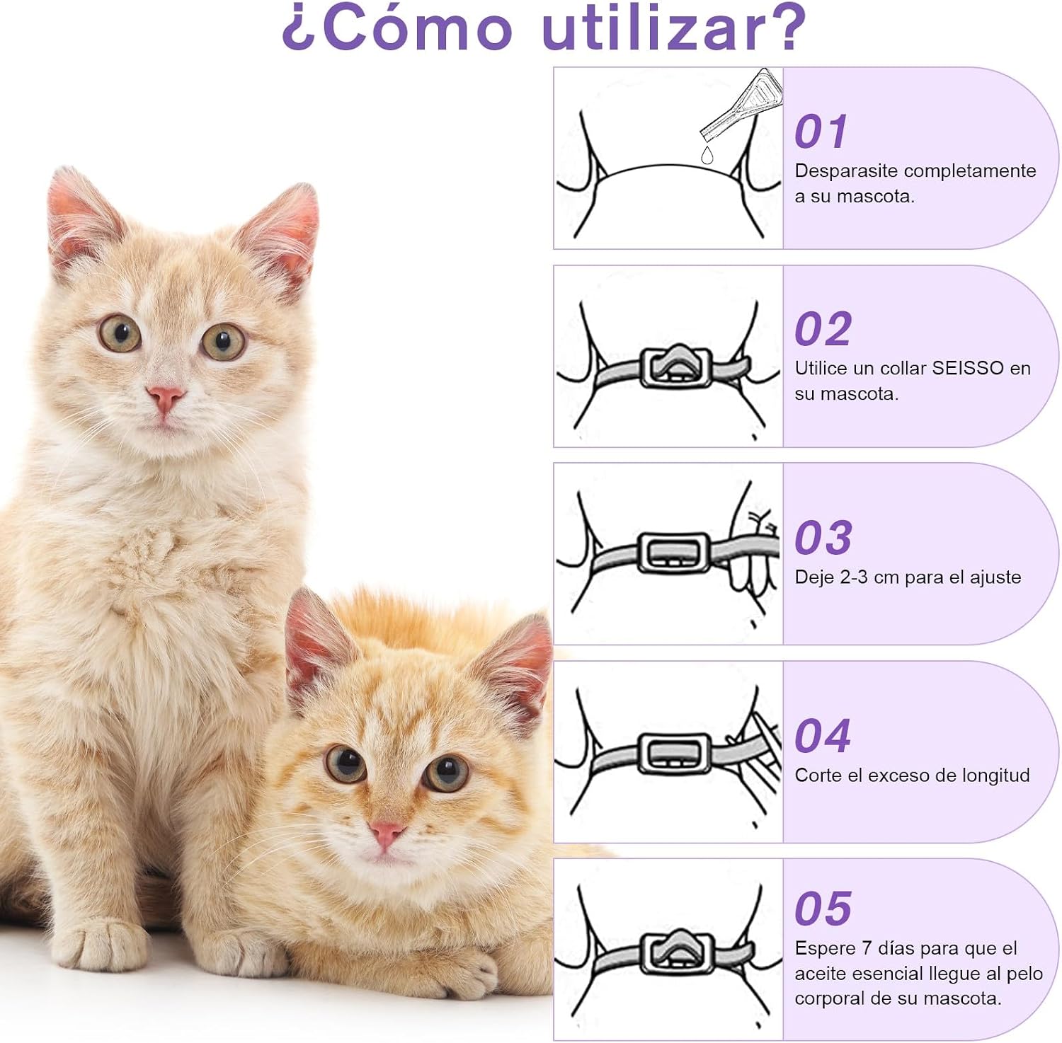 SEISSO 2 Flea Collars for Cats, Set of 2 Flea and Tick Collar with 6-8 Months Protection, Anti-Parasitic Collar 34.5 cm Adjustable for Small Dogs and Cats, Purple