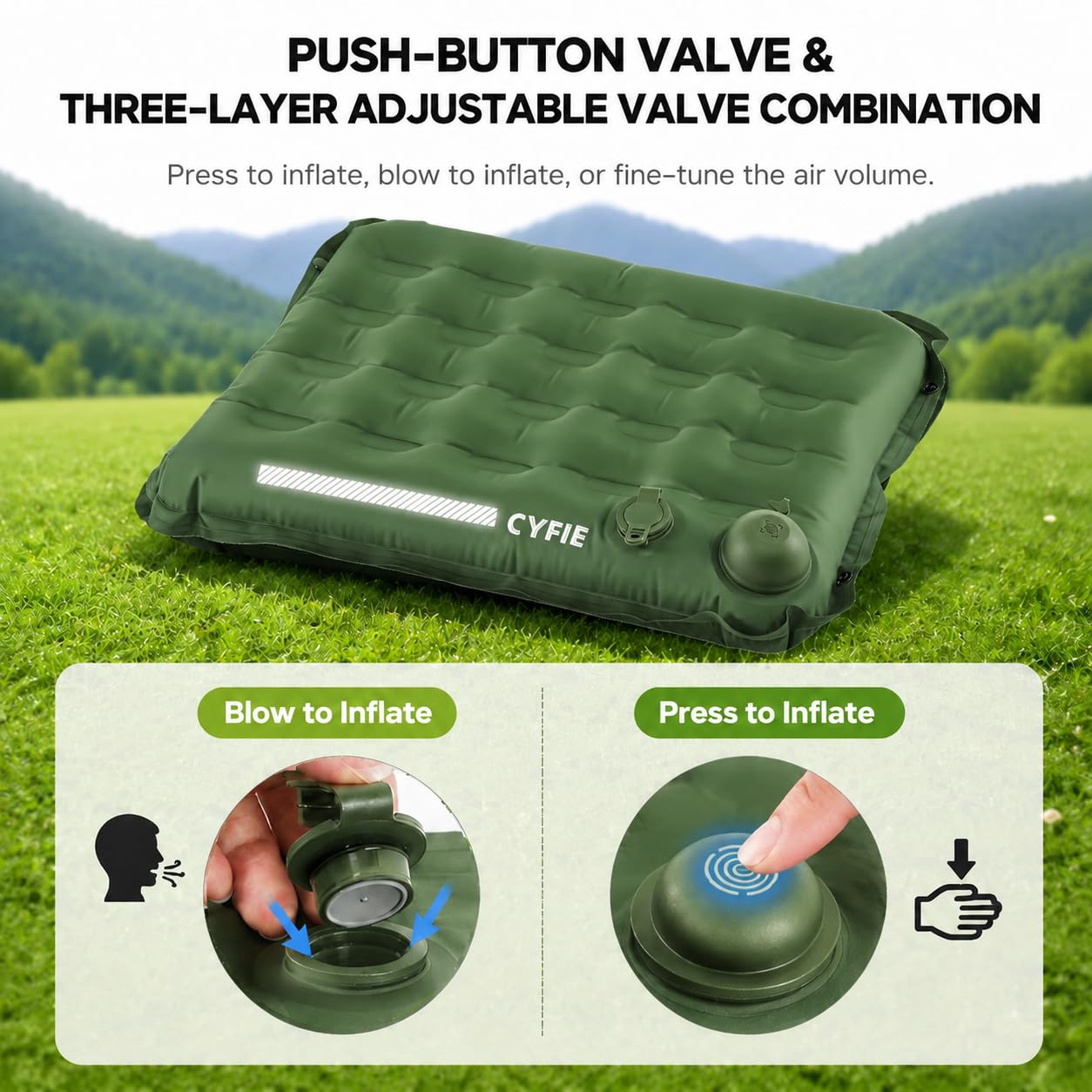Cyfie Inflatable Seat Cushion for Travel, Portable Stadium Seat | 2.8" thick inflatable cushion, lightweight, water-resistant, ideal as an airplane seat cushion, camping pad and outdoor seat