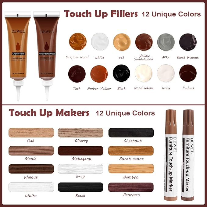 DEWEL Wood Furniture Repair Kit, 12 Colors Touch Up for Scratches & Stains