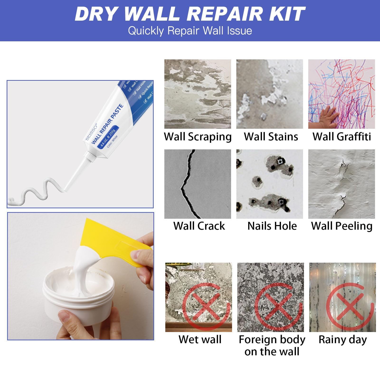 SEISSO Drywall Repair Kit, 500 g Wall Mending Agent- 2 Pack, Wall Spackle Repair Kit with Scraper, Patch for Wall Hole Filler, White Spackle Wall Repair Paste, Plaster Dent