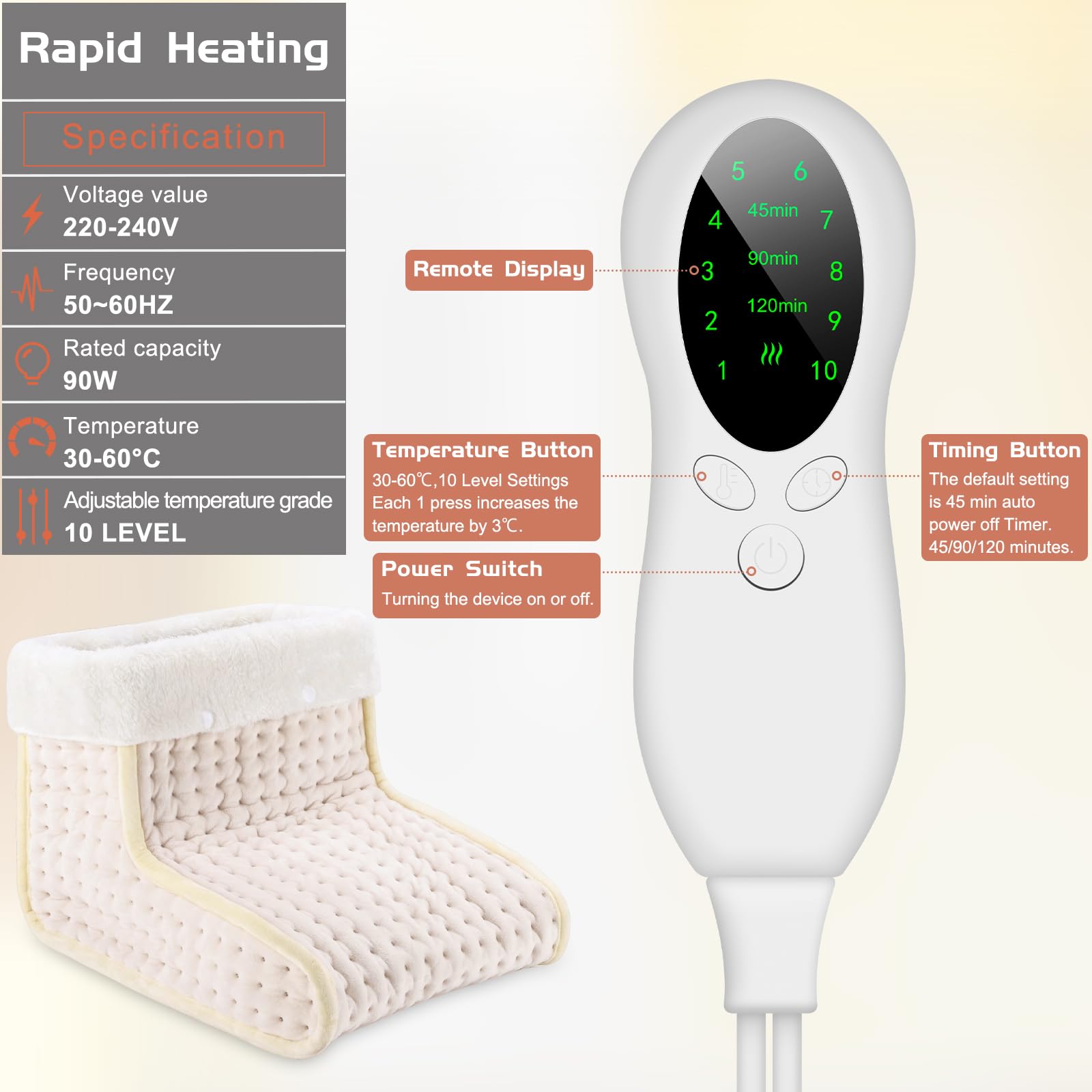 EU Plug – Double-Speed Heating Foot Warmer, 10 Adjustable Levels, Multi-Safety Protection, Washable Inner Lining | DEWEL