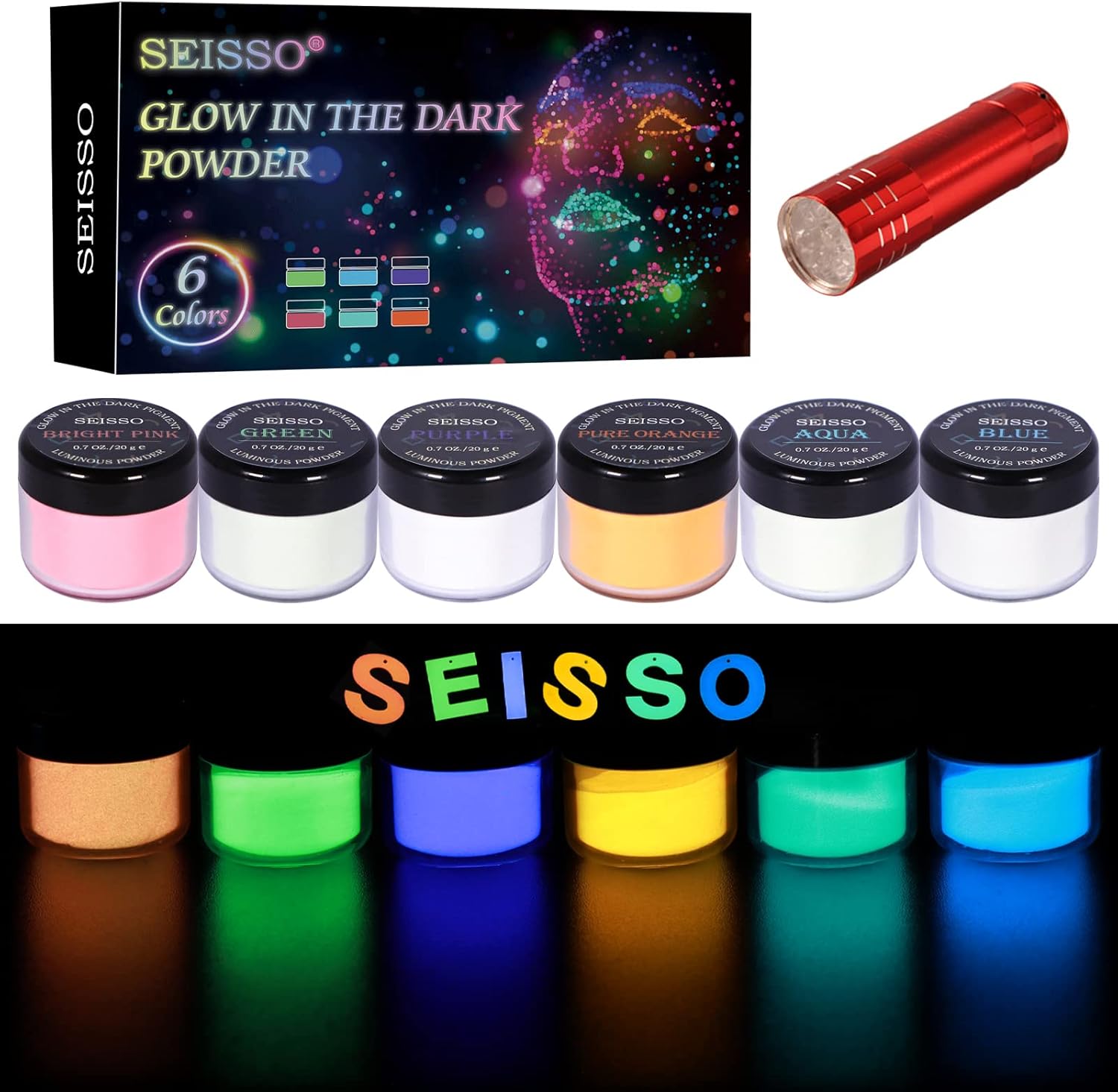 Glow in The Dark Powder 6 Colors - 120g Set 20 g/0.7oz Each with FREE UV Light | for Halloween, Nail Polish, Crafts, Slime, Epoxy Resin | Bright Luminous for Hours Pigment Safe for Skin & Crafts