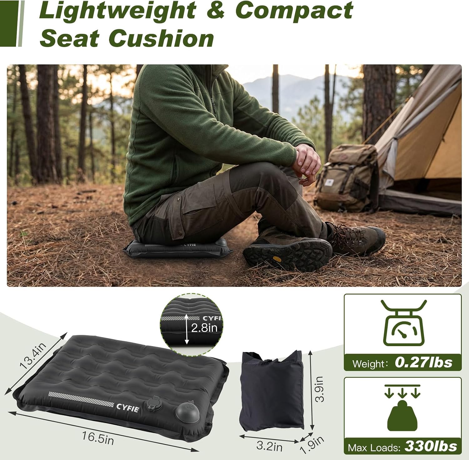 Cyfie Inflatable Seat Cushion for Travel, Portable Stadium Seat | 2.8" thick inflatable cushion, lightweight, water-resistant, ideal as an airplane seat cushion, camping pad and outdoor seat