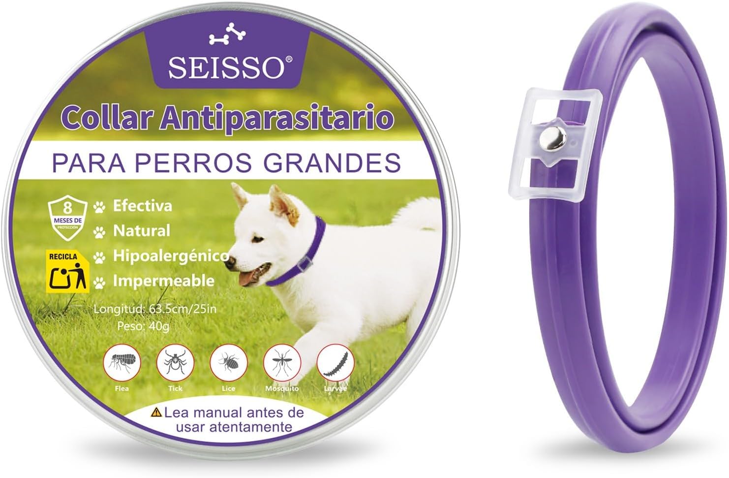 SEISSO Flea Collar for Dogs, Flea and Tick Collars with 6-8 Months Protection, 25" Adjustable Anti-Parasitic Control for Large Medium and Small Dogs, Purple