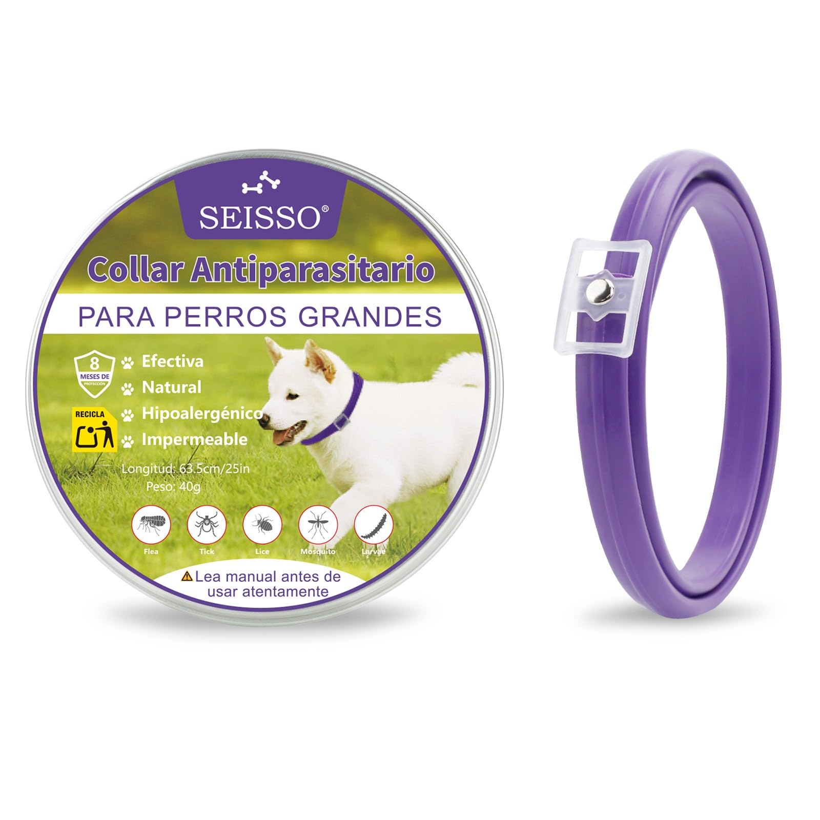 SEISSO Flea Collar for Dogs, Grey, 25 inches